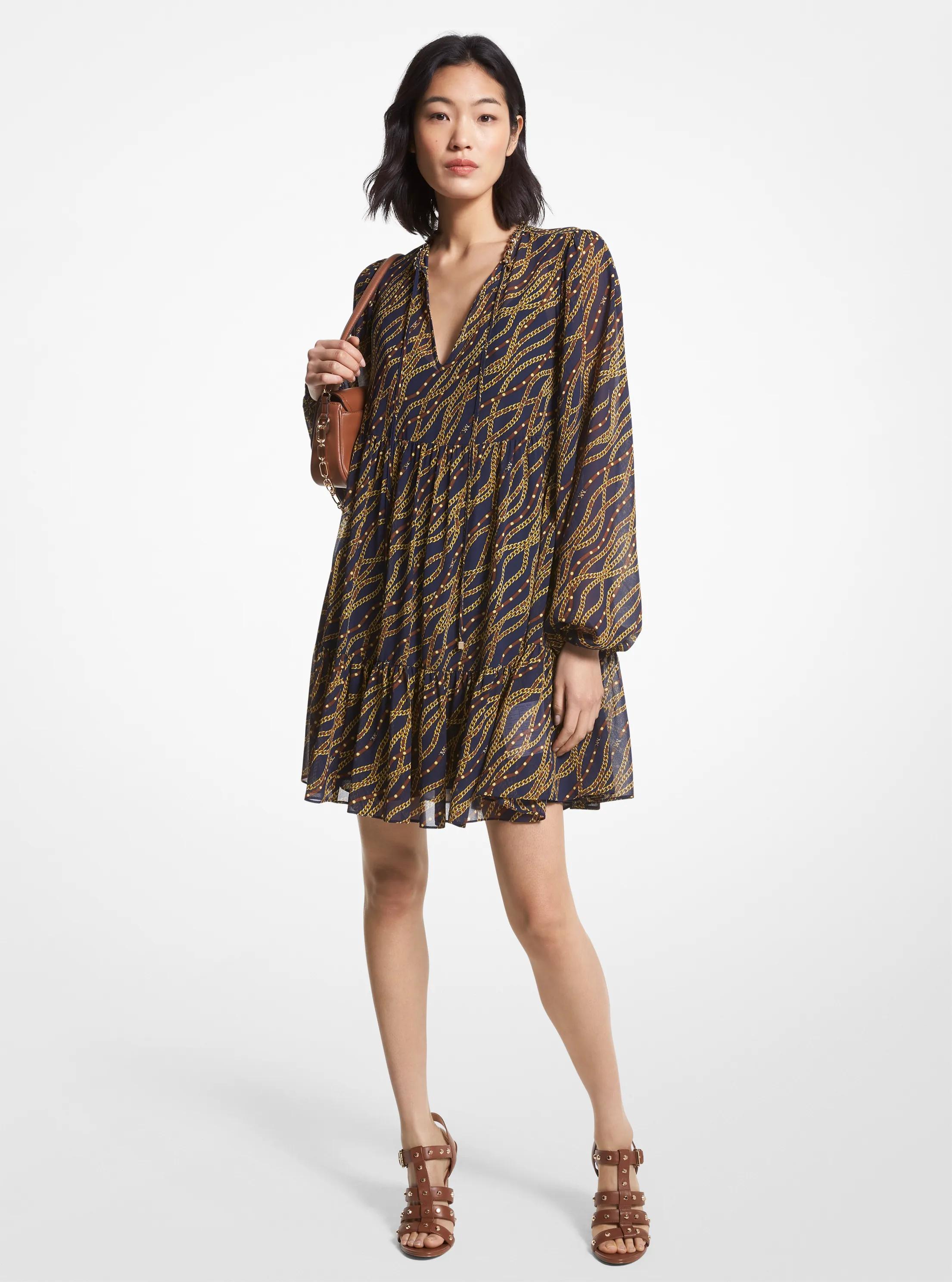 Status Print Georgette Babydoll Dress in MIDNIGHTBLUE | Michael Kors
