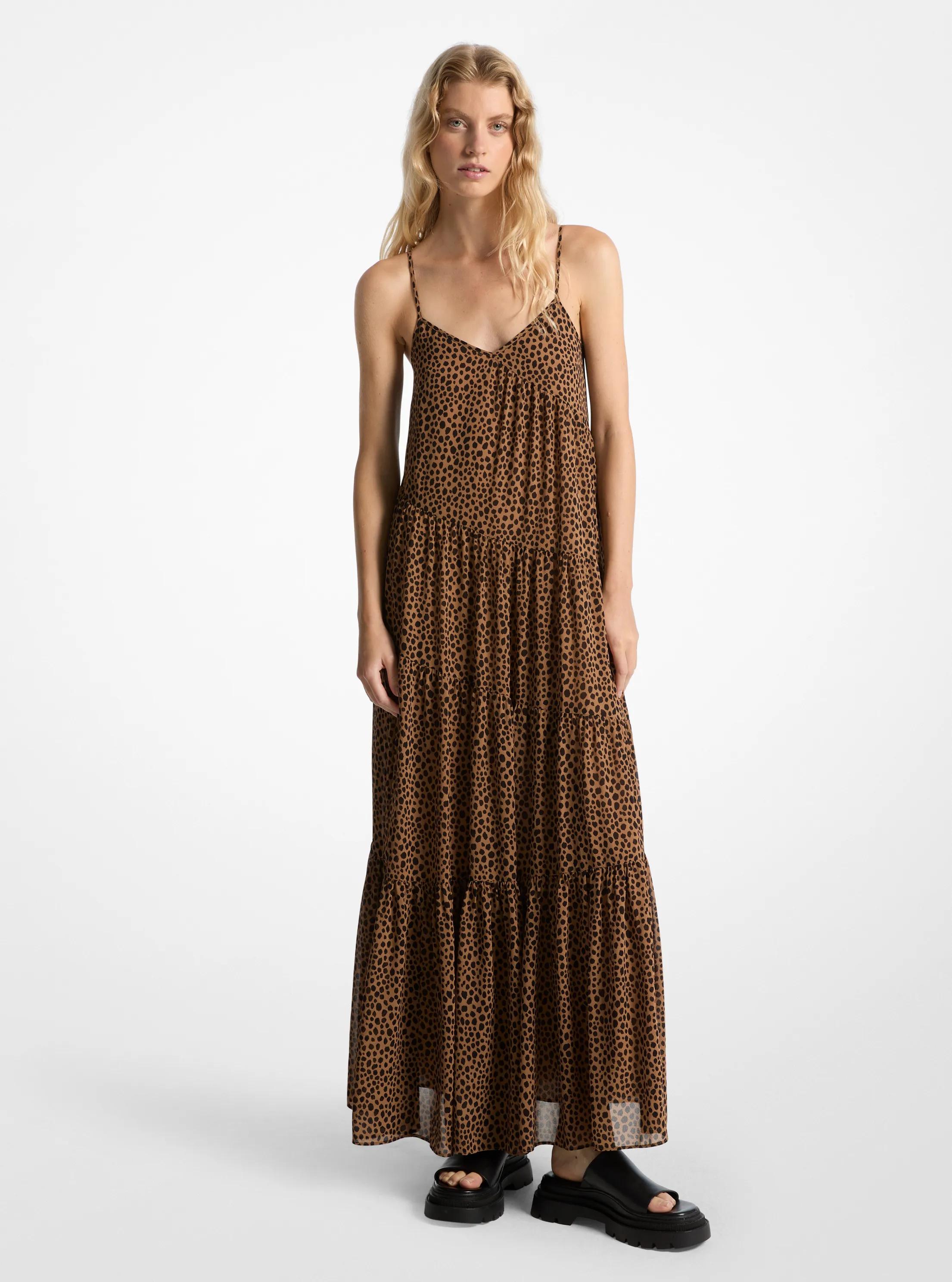 Cheetah Print Georgette Tiered Maxi Dress in CAFE | Michael Kors