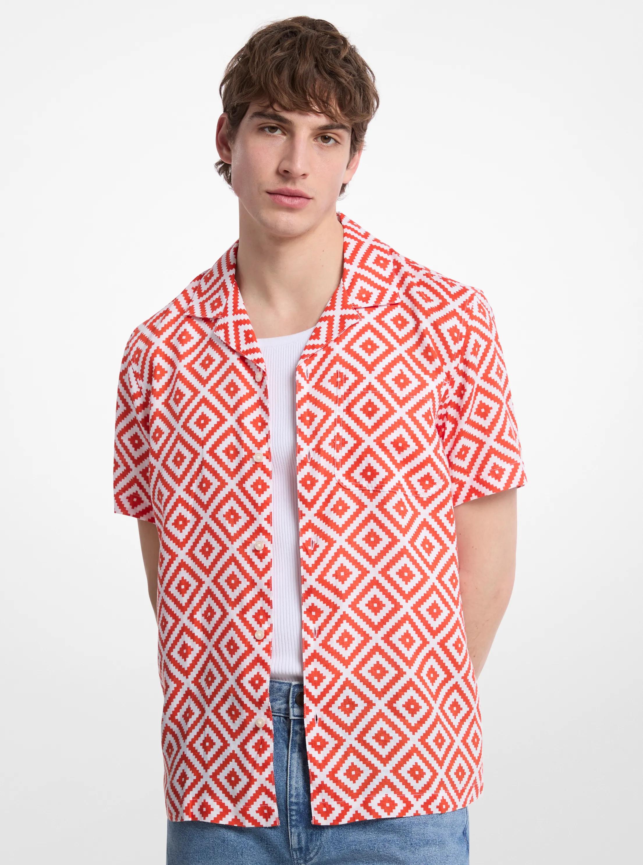 Printed Linen Camp Shirt in RED CLAY | Michael Kors