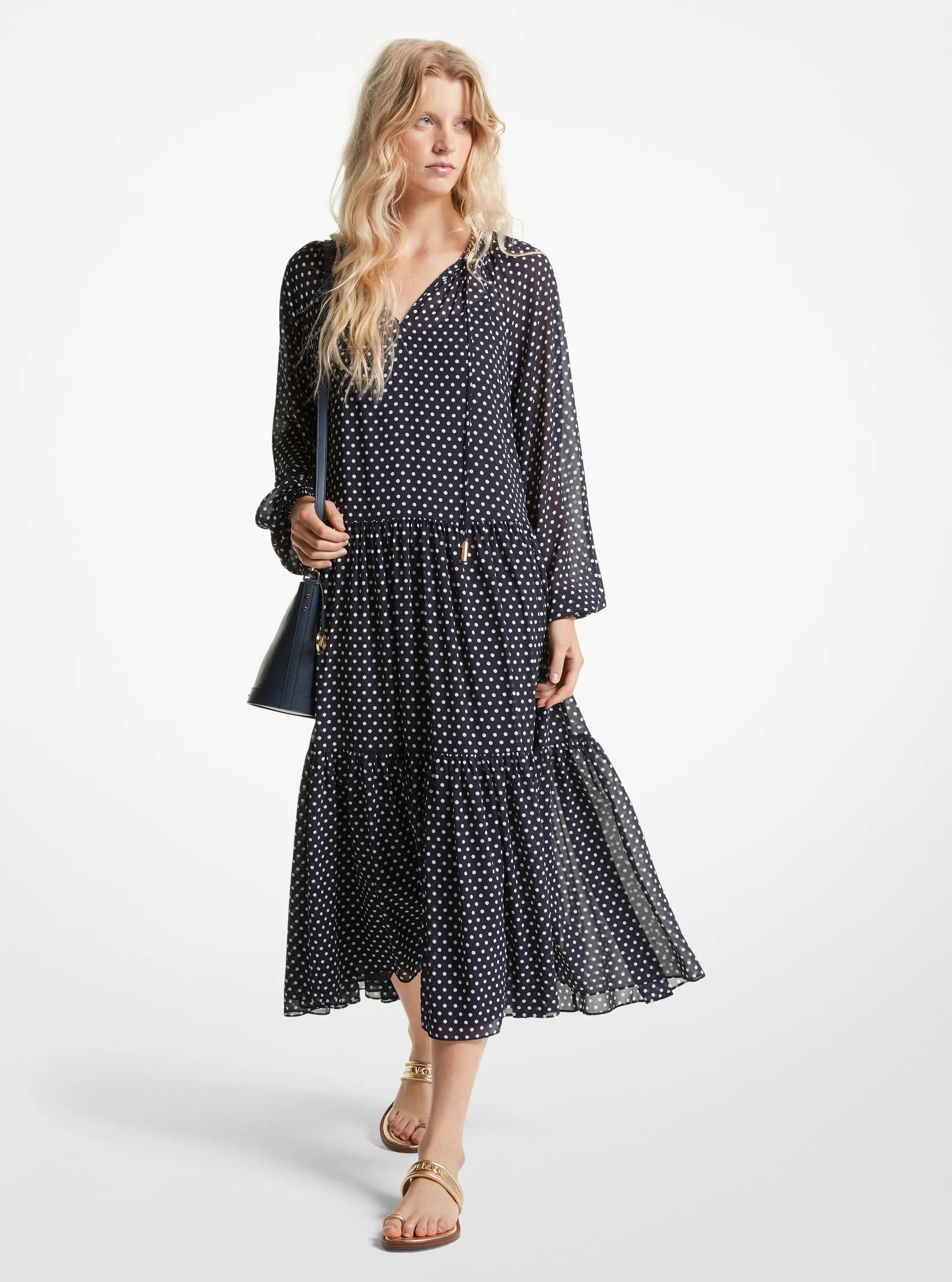 Polka Dot Georgette Tiered Midi Dress in MIDNIGHTBLUE | Michael Kors
