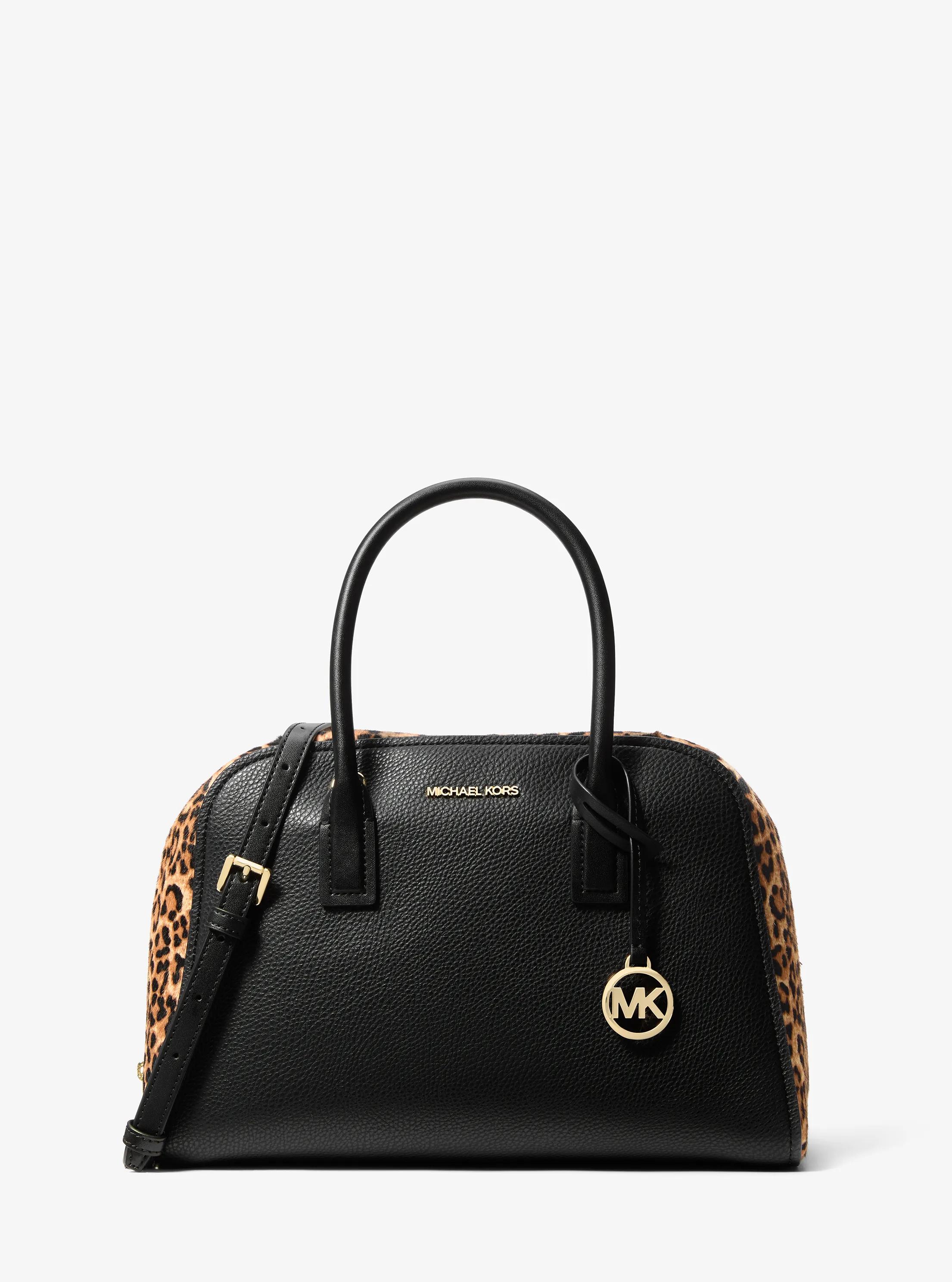 Ashton Medium Leopard Print Calf Hair and Smooth Satchel in CAMEL MLT | Michael Kors