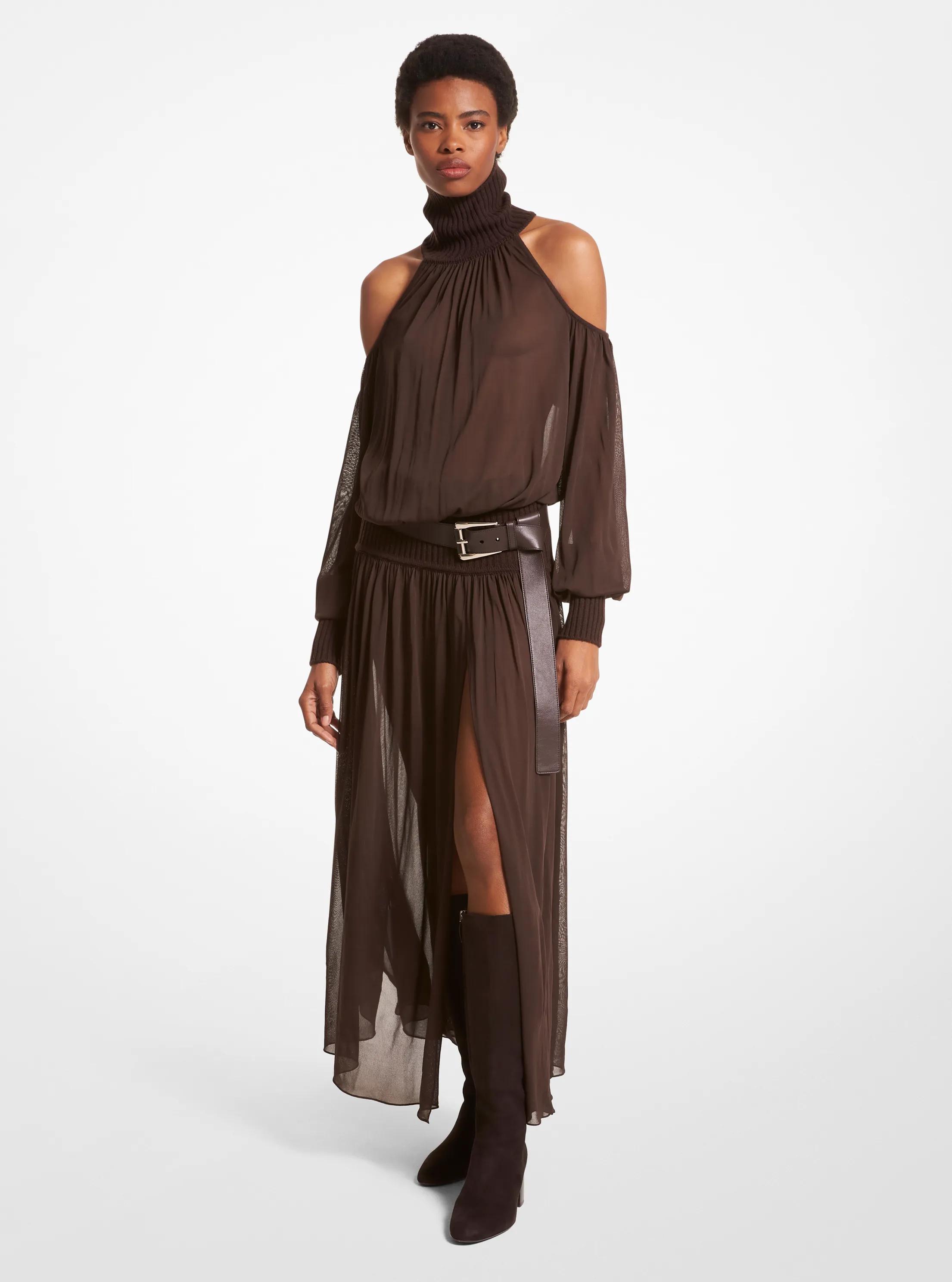 Chiffon Jersey and Cashmere Turtleneck Cold Shoulder Dress in CHOCOLATE | Michael Kors