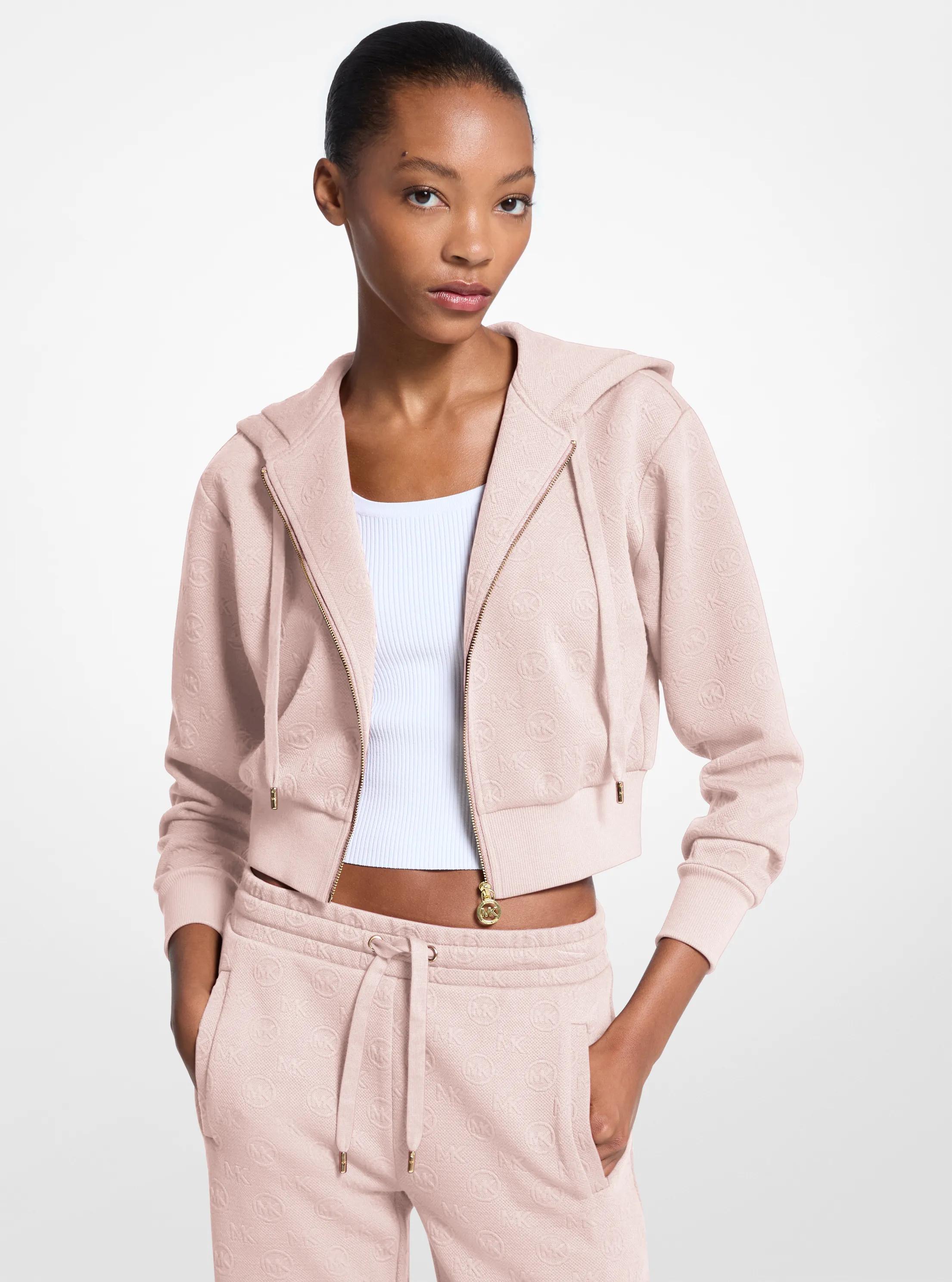 Logo Jacquard Charm Jacquard Cropped Zip-Up Hoodie in POWDER BLUSH