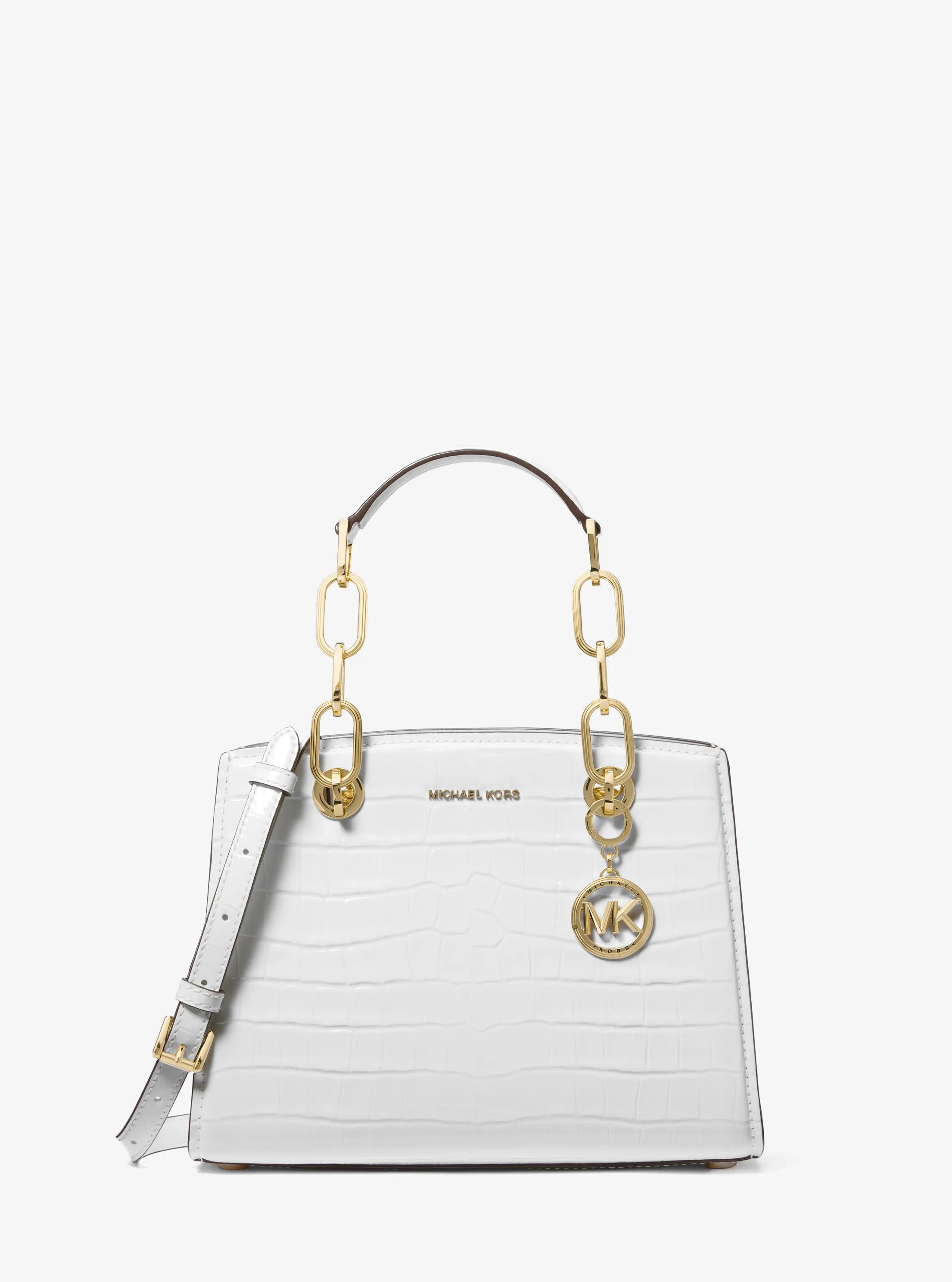 Cynthia Small Crocodile Embossed Leather Satchel in OPTIC WHITE