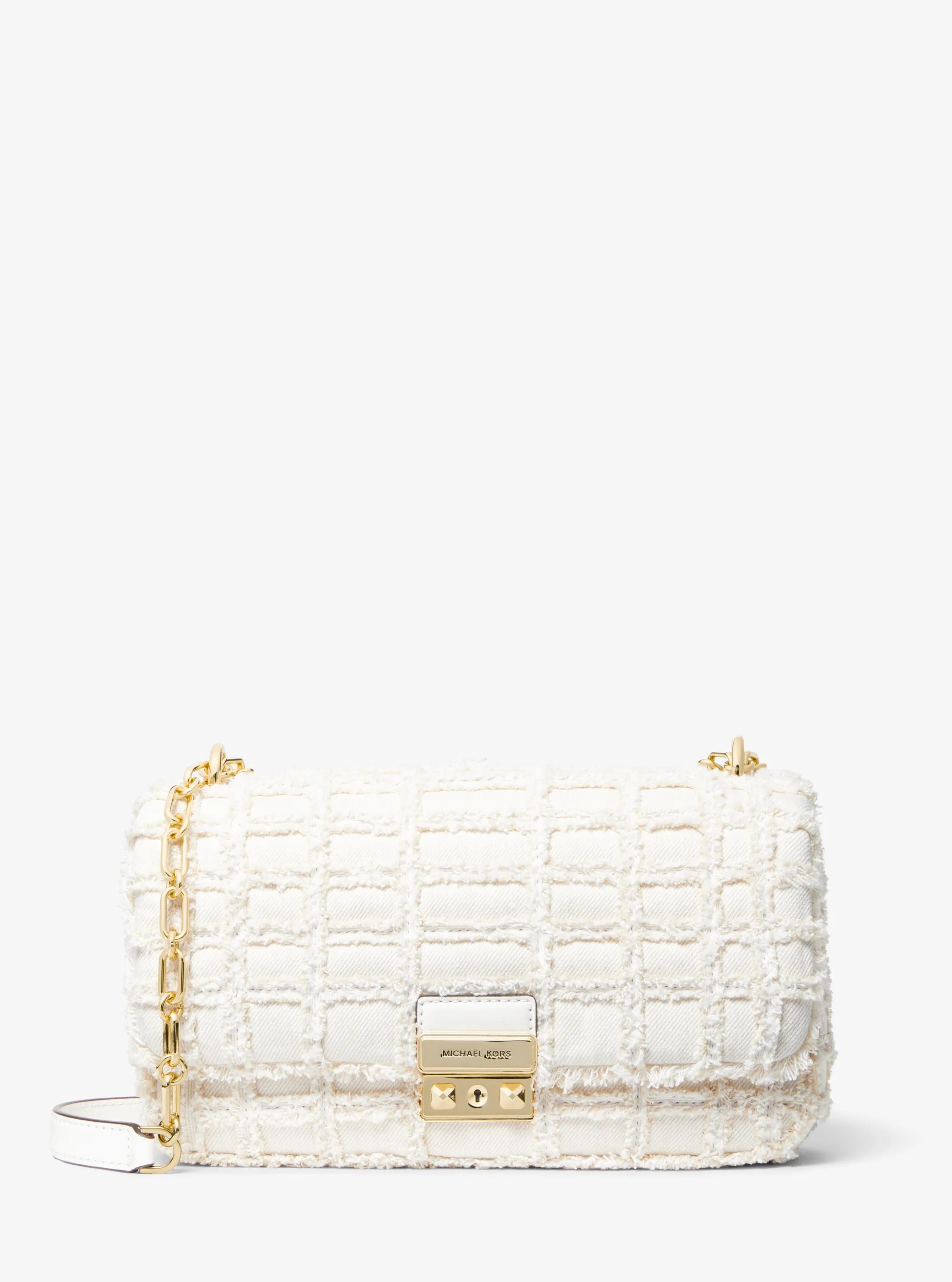 Tribeca Large Frayed Denim Shoulder Bag in OPTIC WHITE | Michael Kors