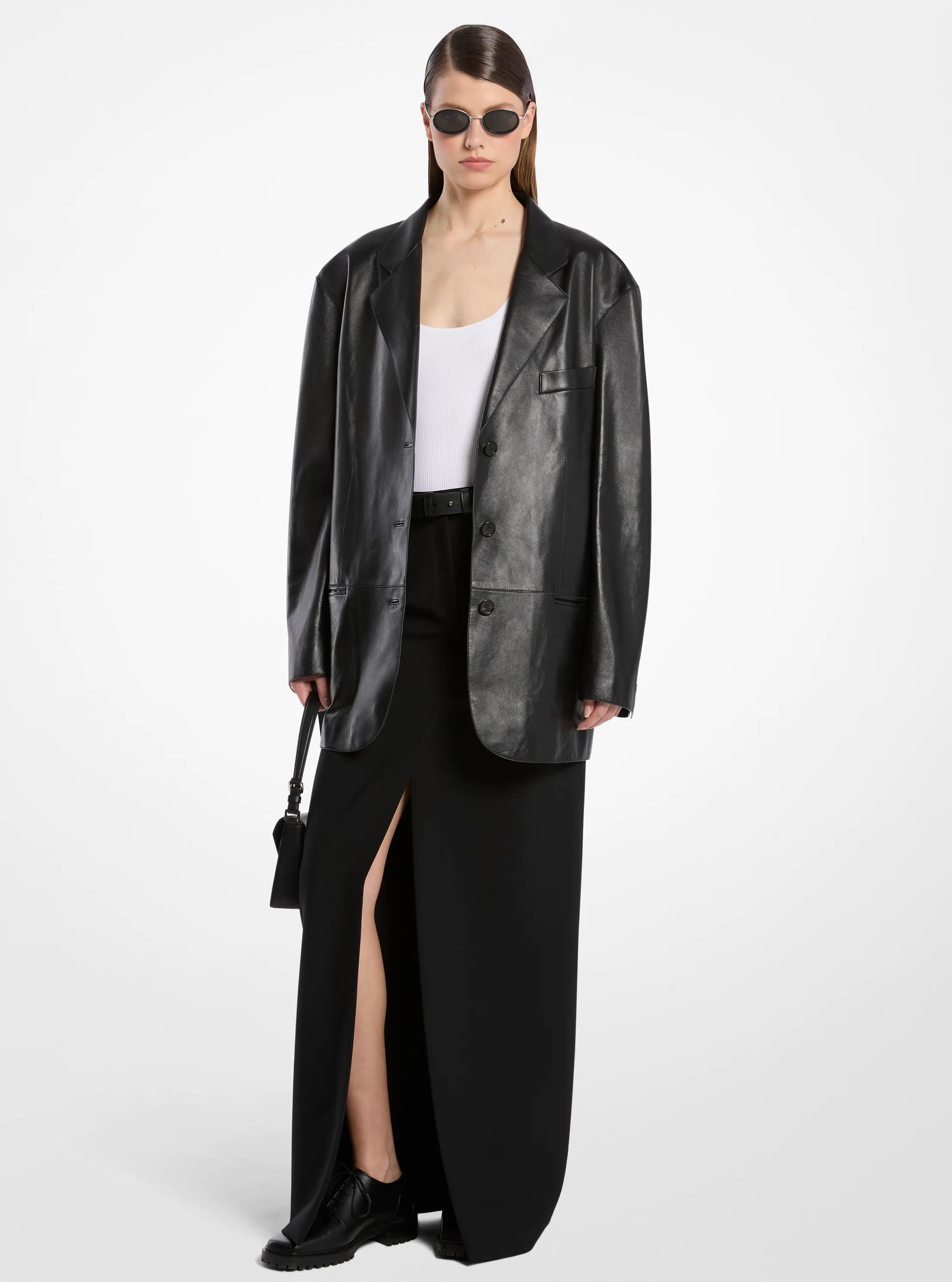 Oversized Plong&eacute; Leather Blazer in BLACK | Michael Kors