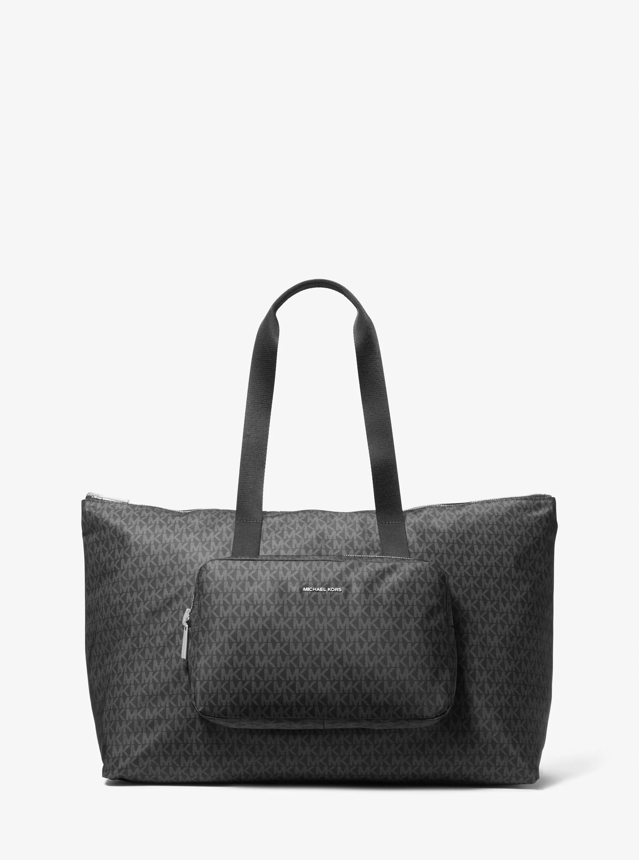 Tanner Large Printed Signature Logo Reversible Packable Tote Bag in BLACK | Michael Kors