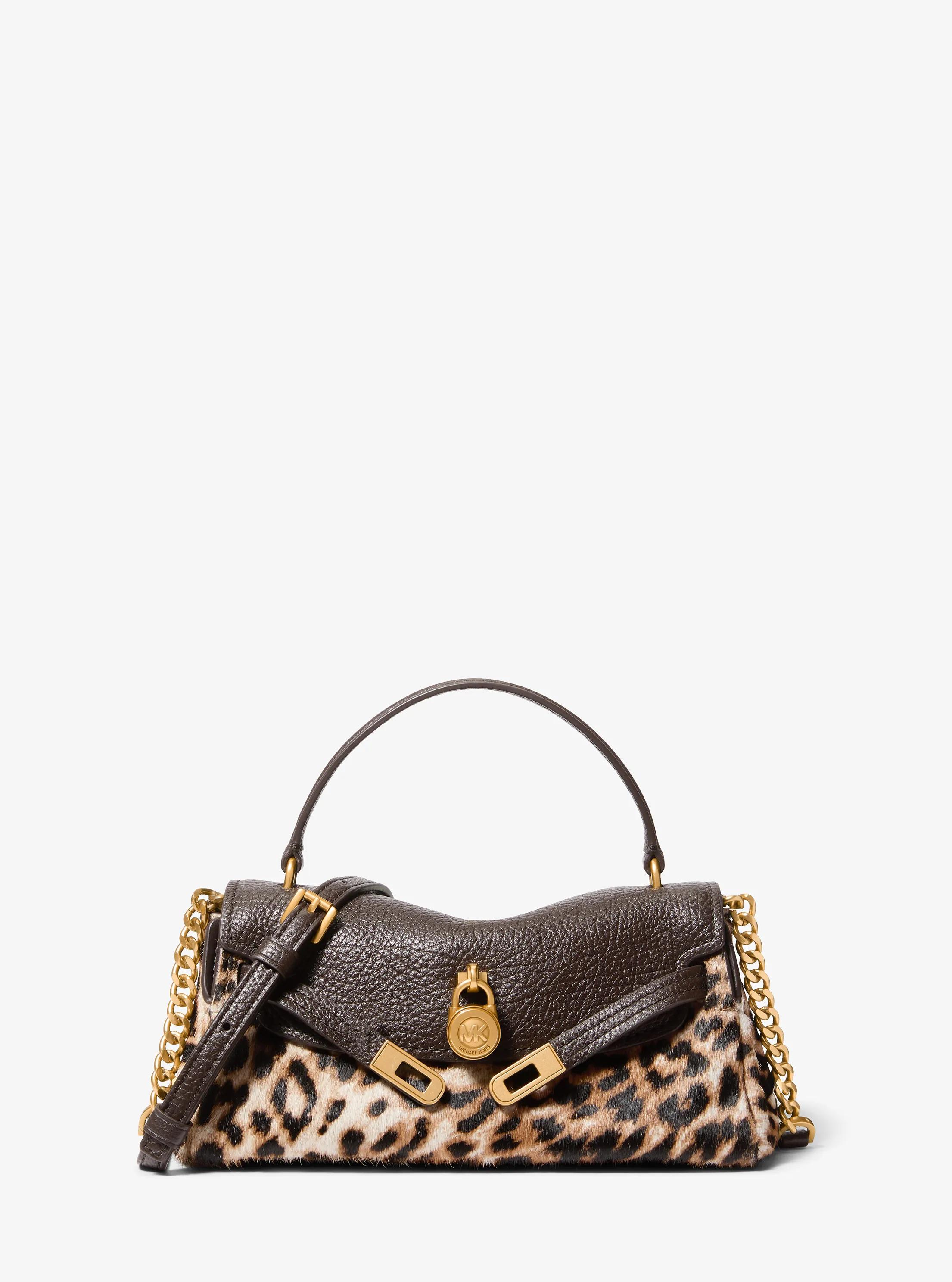Hamilton Moderne Extra-Small Leather and Leopard Print Calf Hair Slouchy Crossbody Bag in BURNT KHAKI | Michael Kors