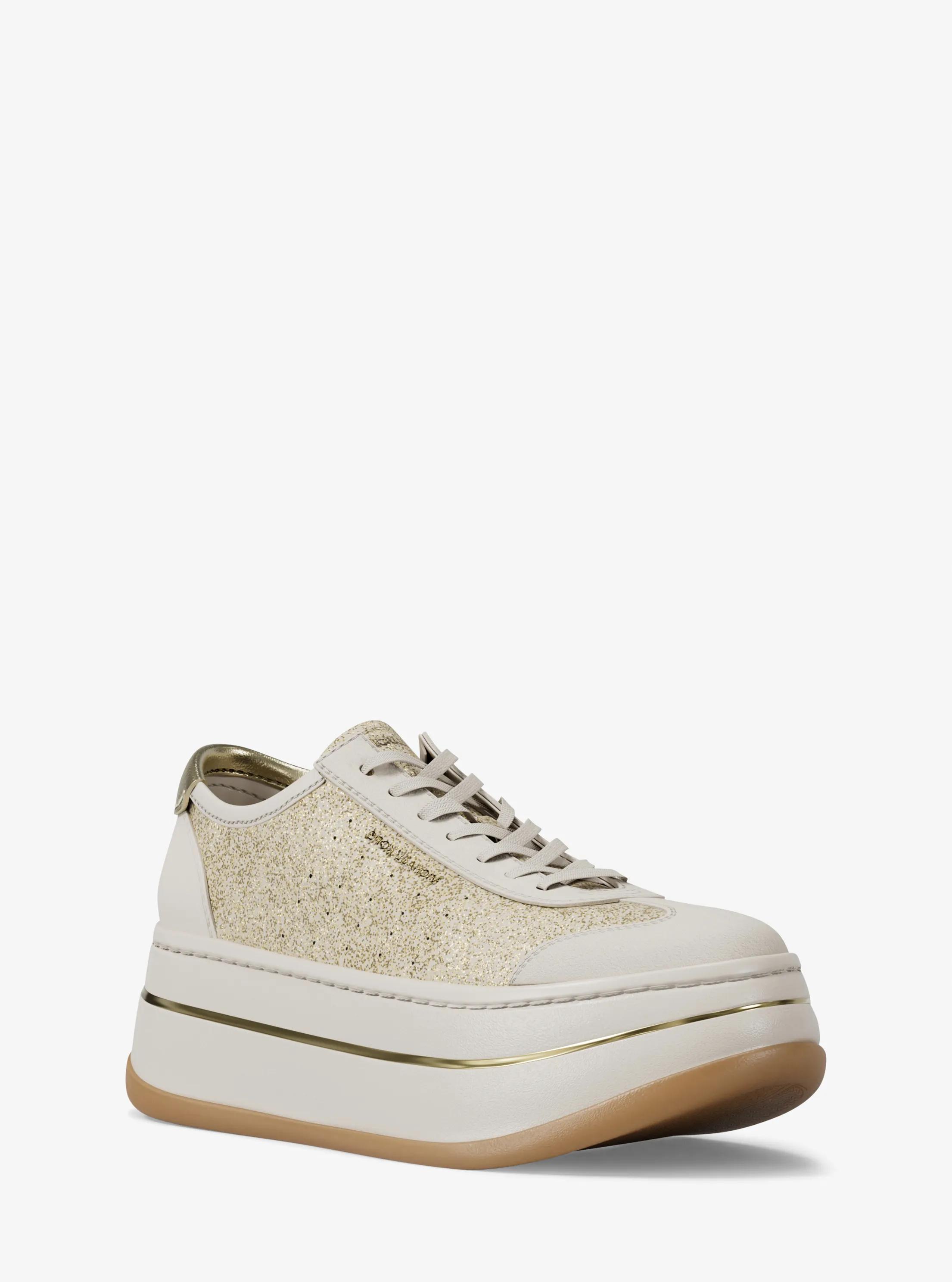 Hayes Glitter Embellished Leather Platform Sneaker in PALE GOLD | Michael Kors