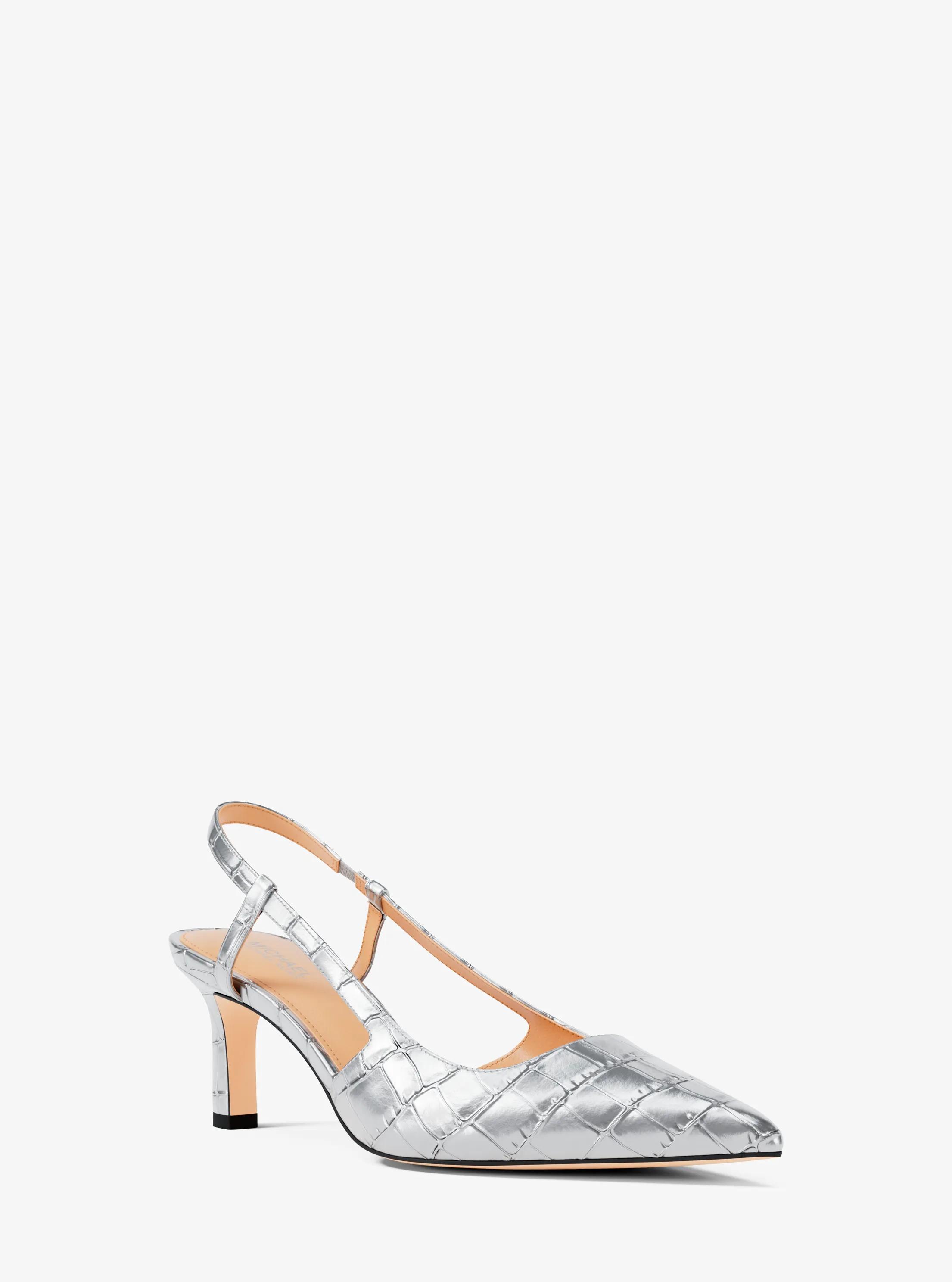 Alora Metallic Crocodile Embossed Leather Slingback Pump in SILVER | Michael Kors