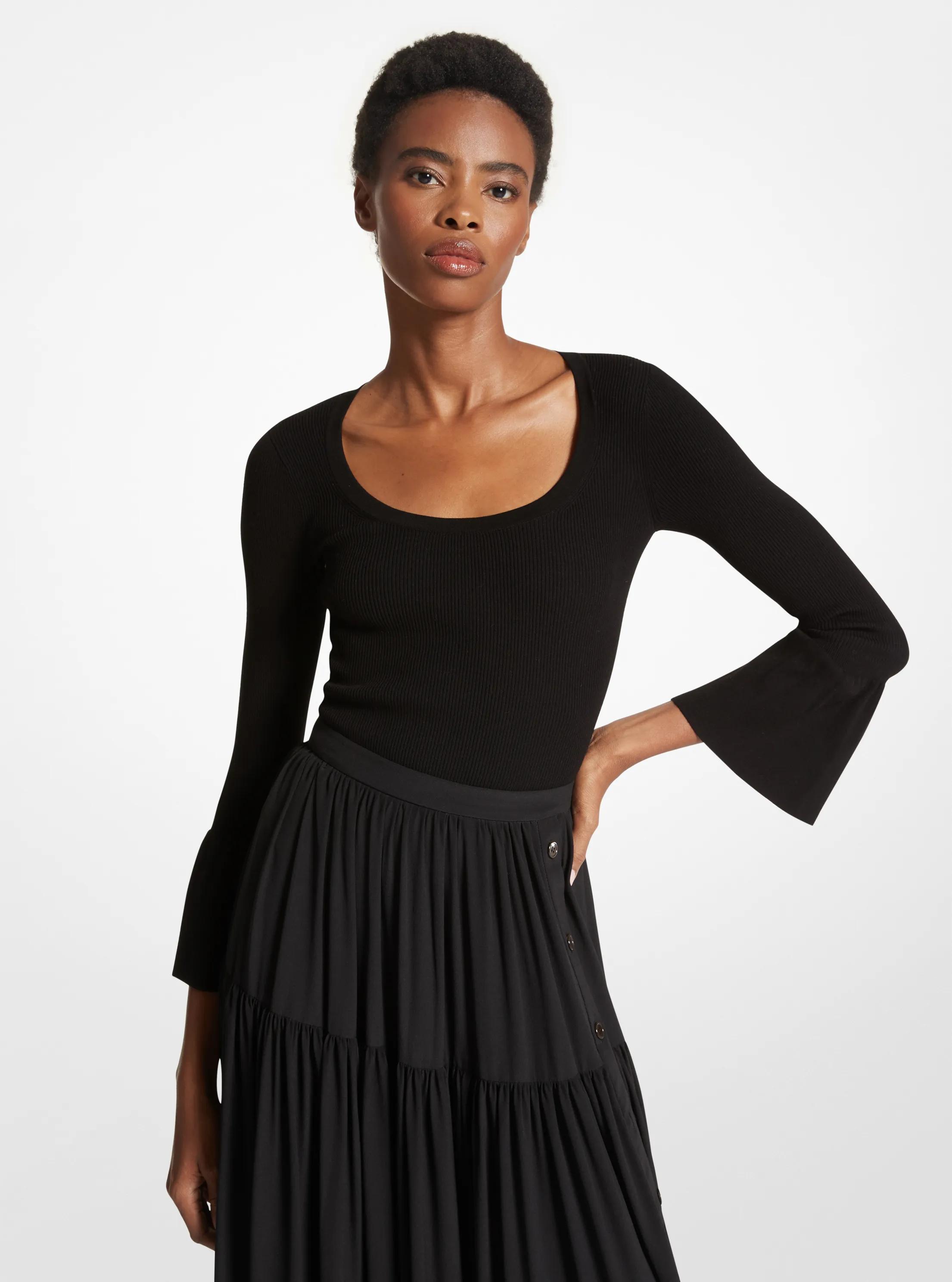 Ribbed Stretch Viscose Ruffle-Sleeve Sweater in BLACK | Michael Kors