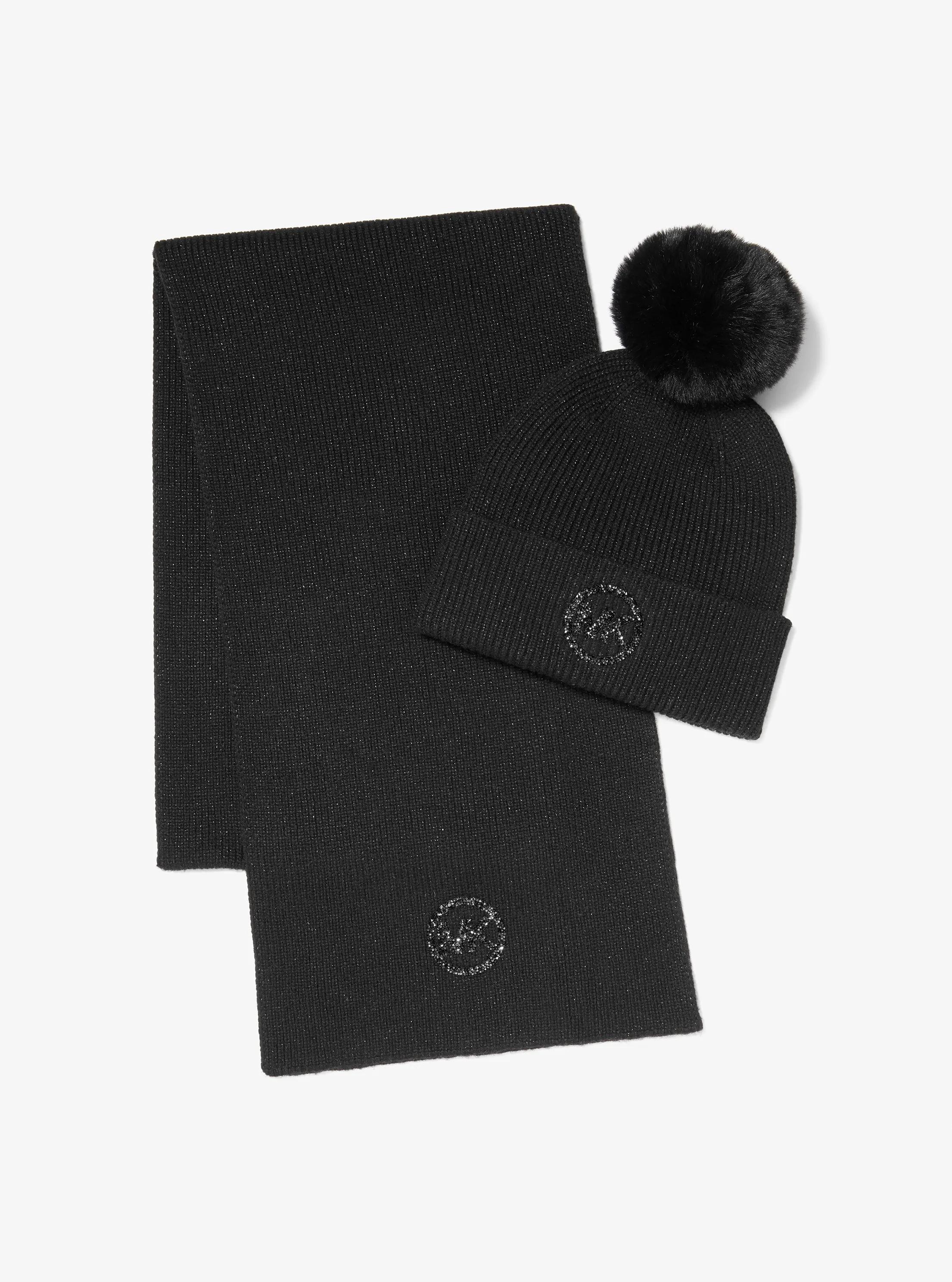 Metallic Knit Beanie Hat and Scarf Set in BLACK | Michael Kors