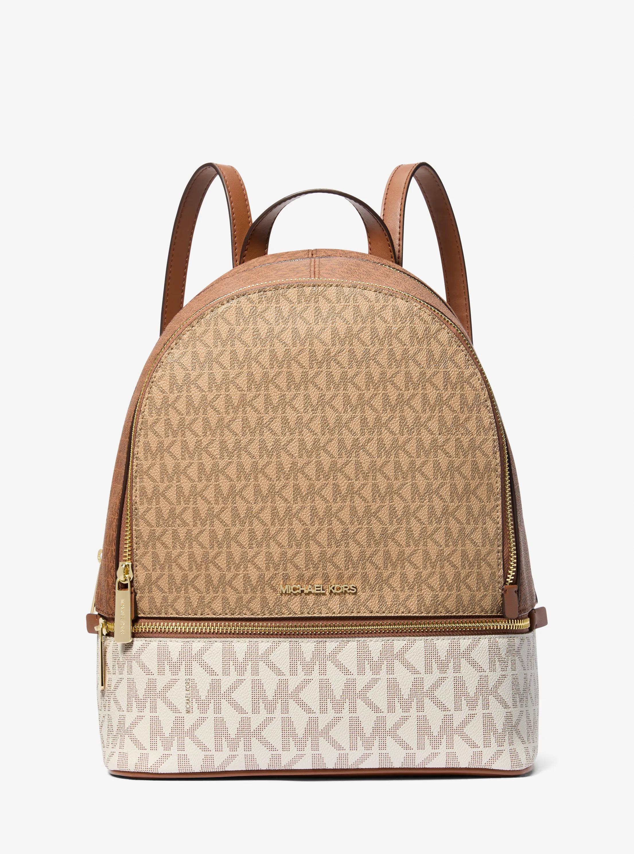 Rhea Medium Color-Block Signature Logo Backpack in CAMEL MLT | Michael Kors