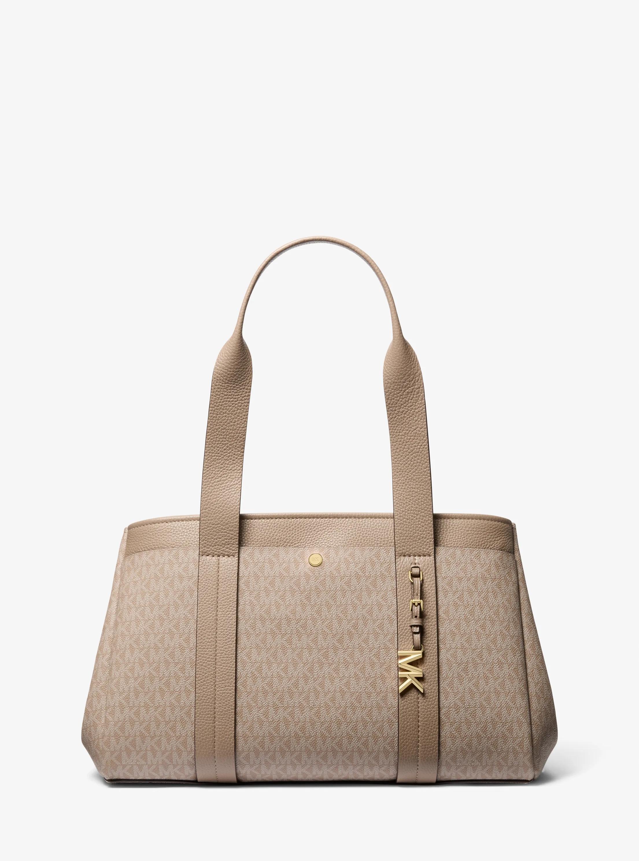 Romee Large Signature Logo and Leather Tote Bag in BIRCH | Michael Kors