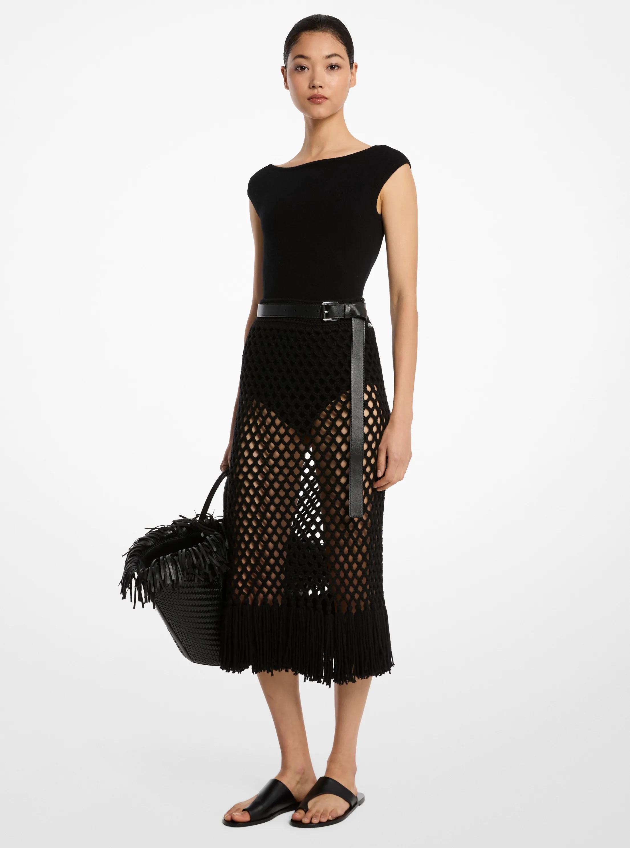 Hand-Crocheted Cashmere Fringed Skirt in BLACK | Michael Kors