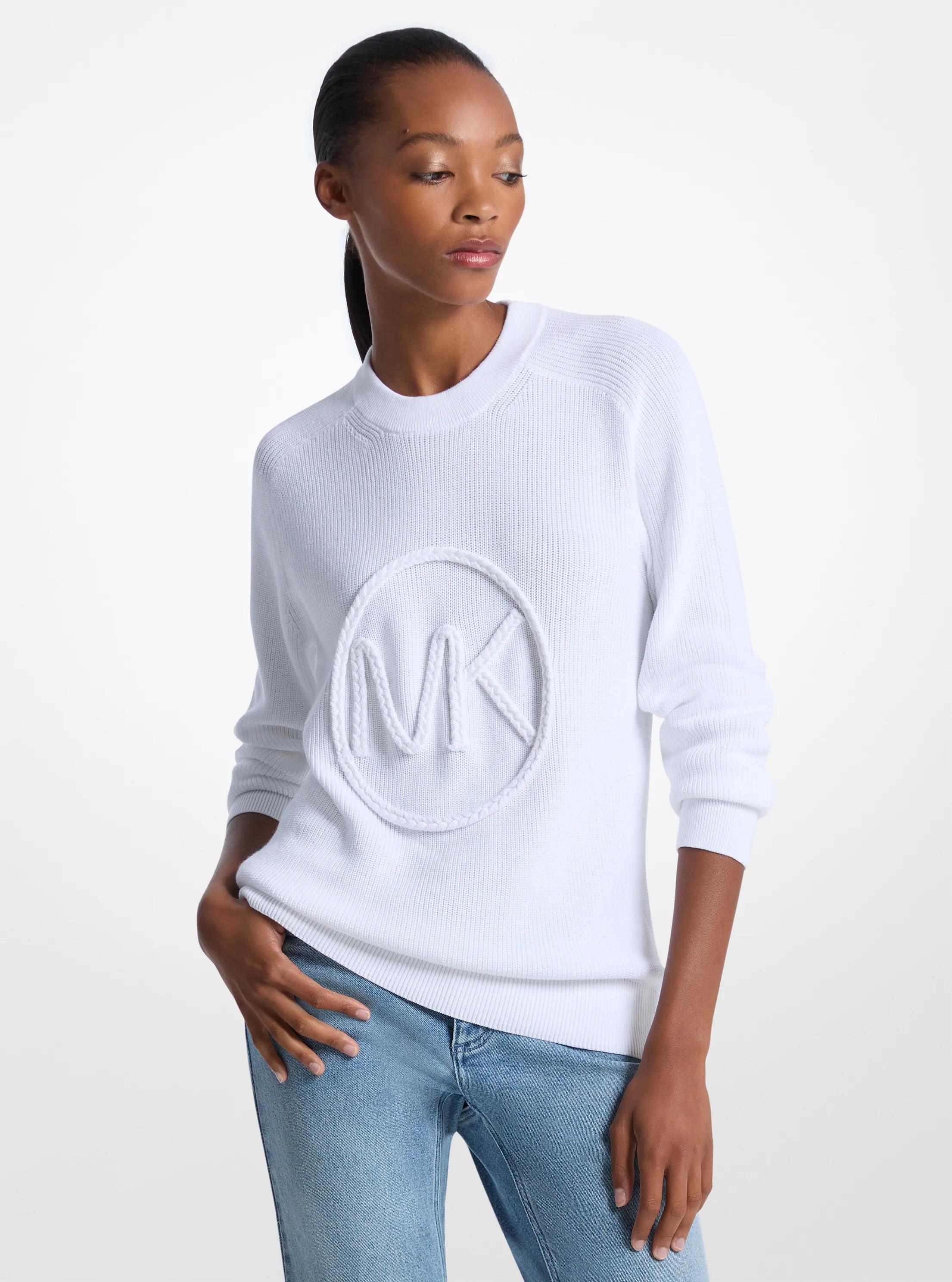 Braided Logo Cotton Blend Sweater in WHITE | Michael Kors