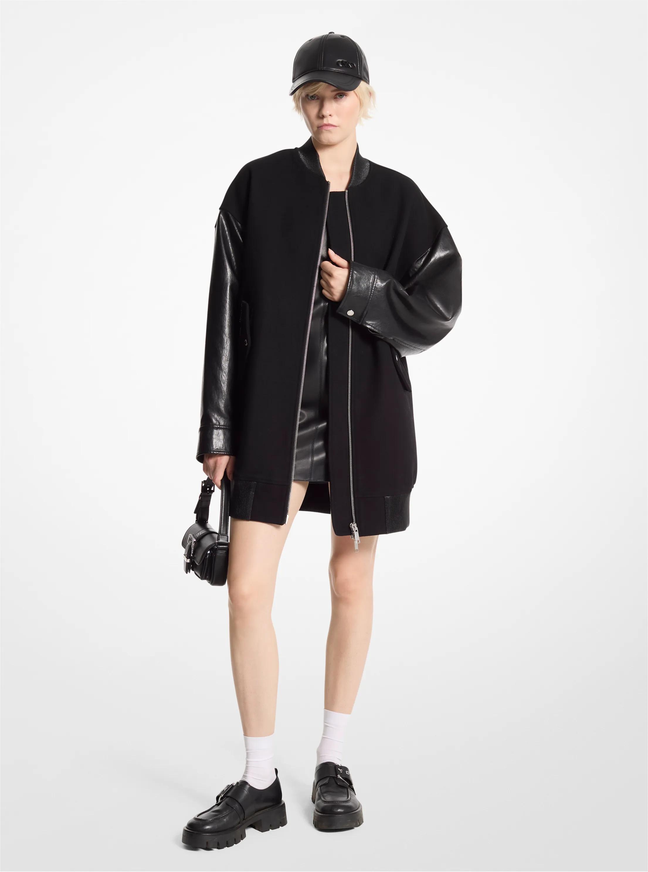 Chaqueta bomber oversize de mezcla de lana y piel lisa