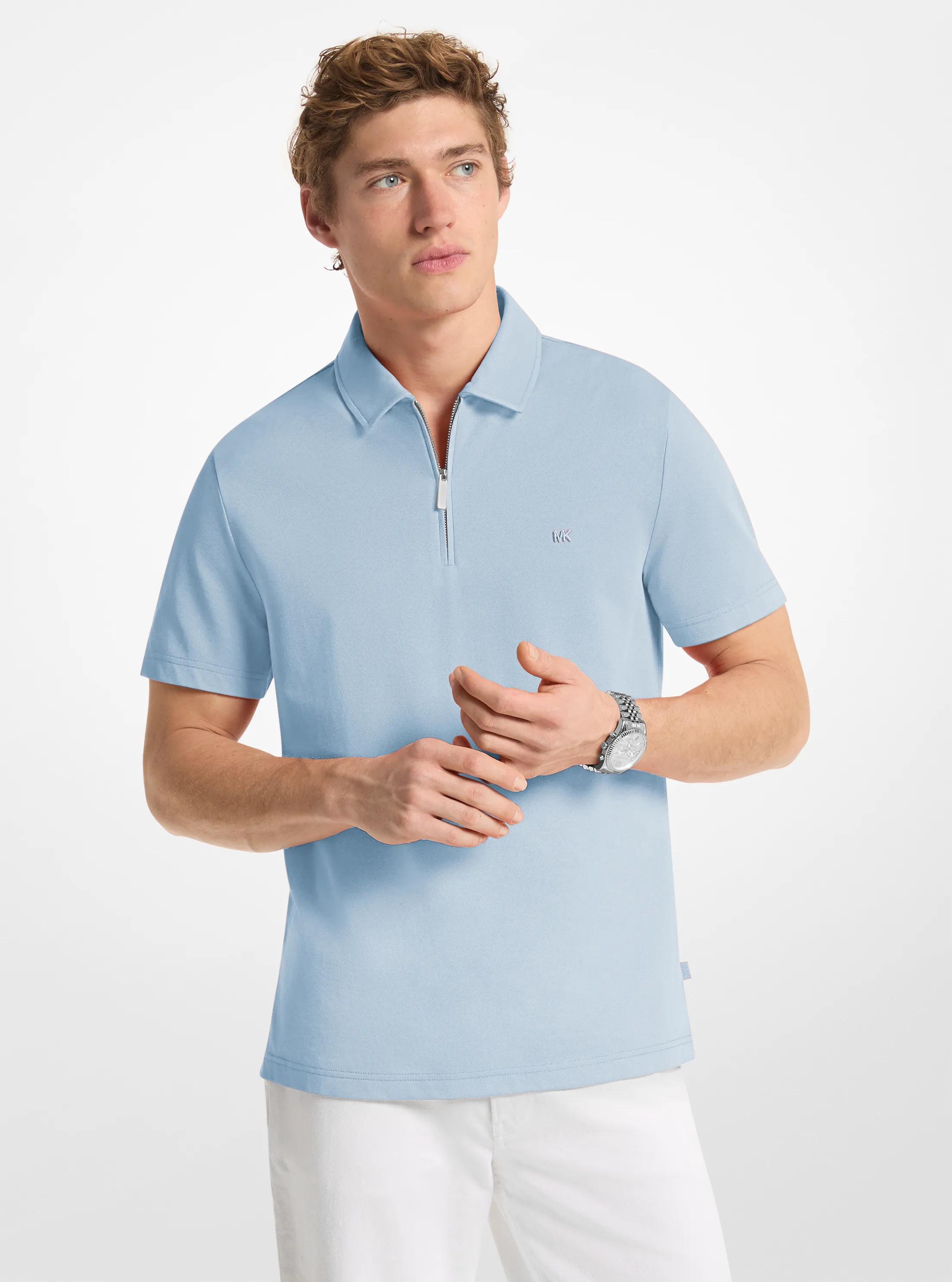 MK Polo zippé en piqué de coton mélangé - Bleu - Michael Kors