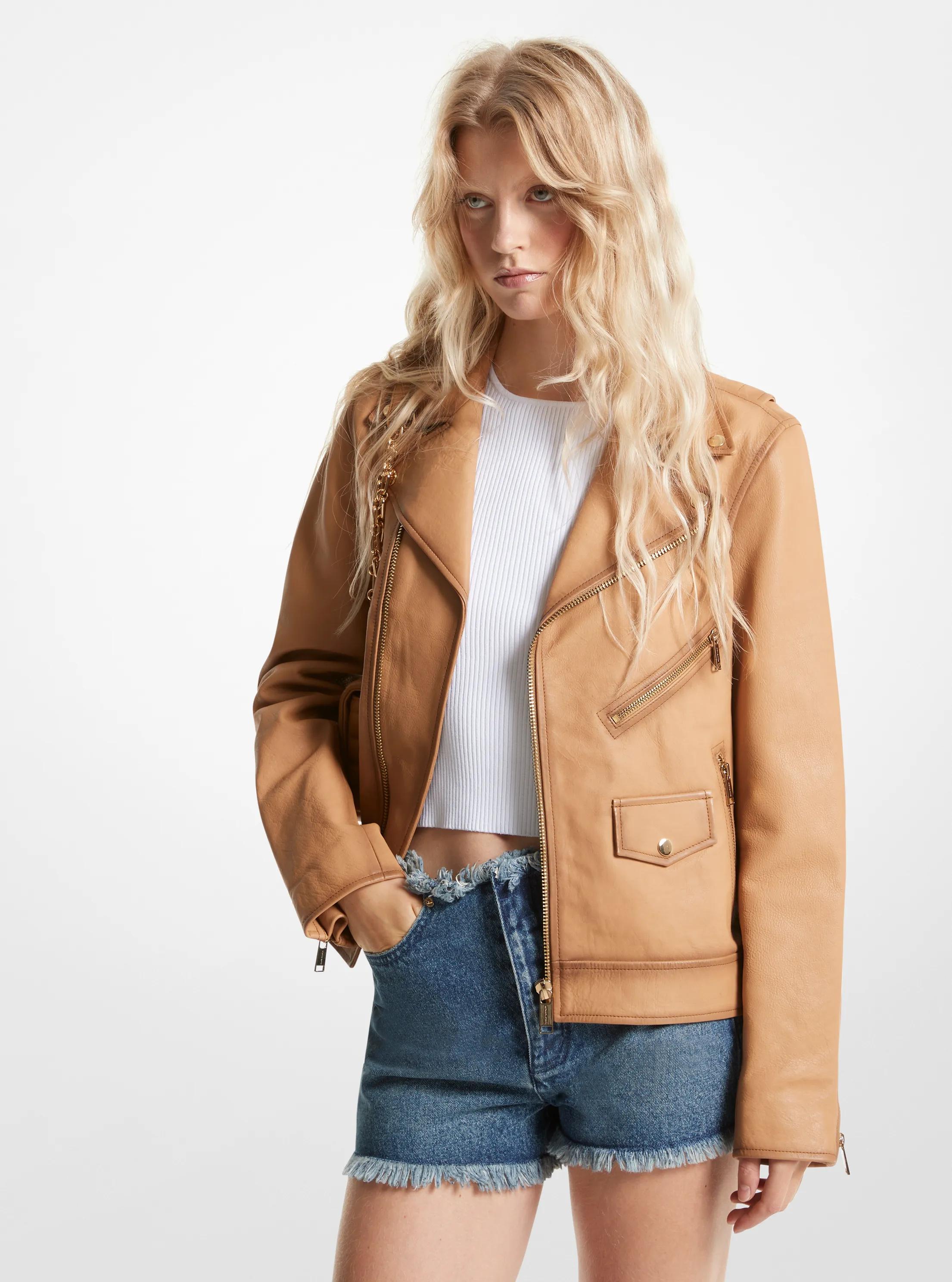 Leather Moto Jacket in PALE PEANUT | Michael Kors