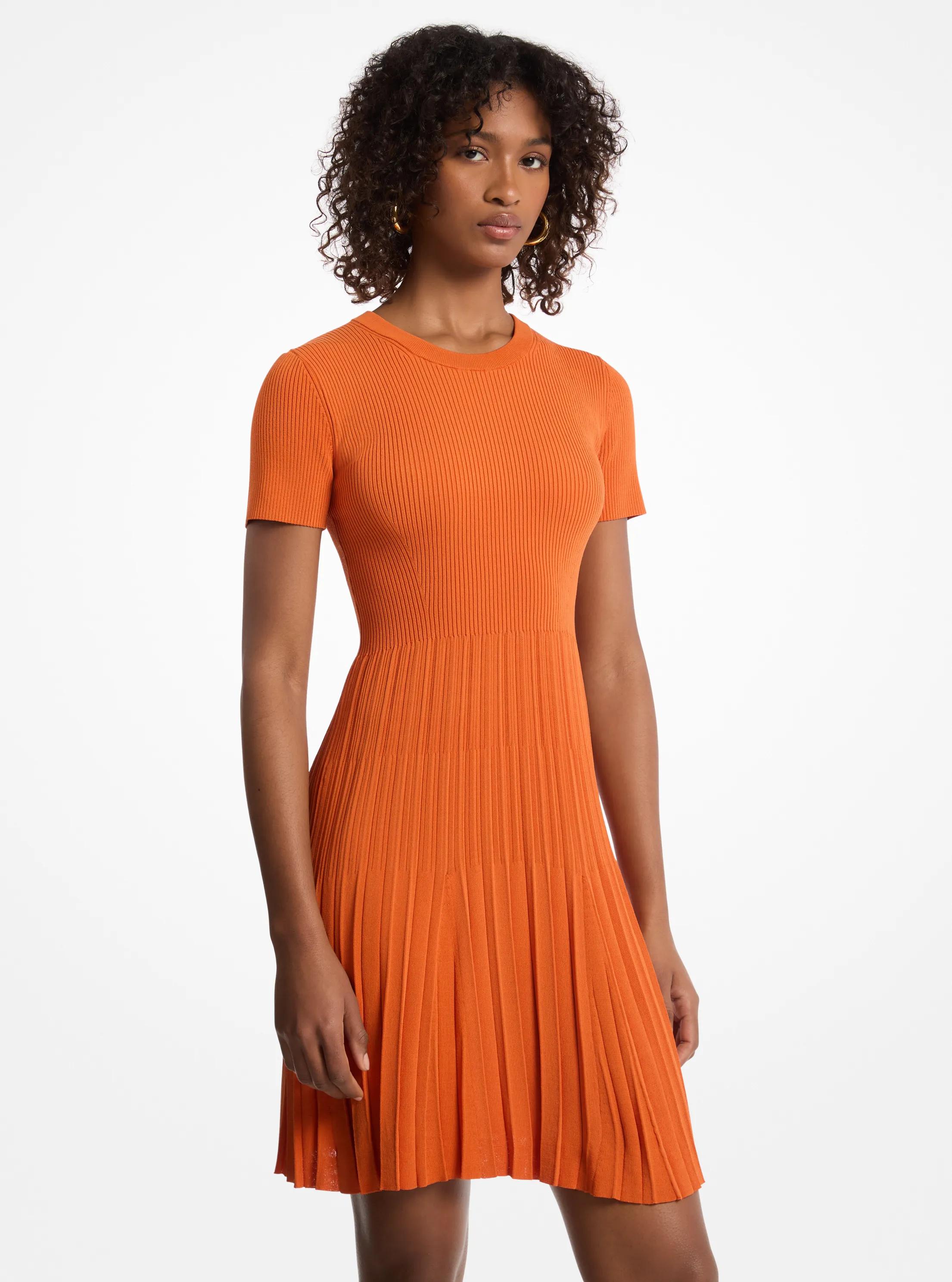 Ribbed Knit Short-Sleeve Dress in LORANGE | Michael Kors