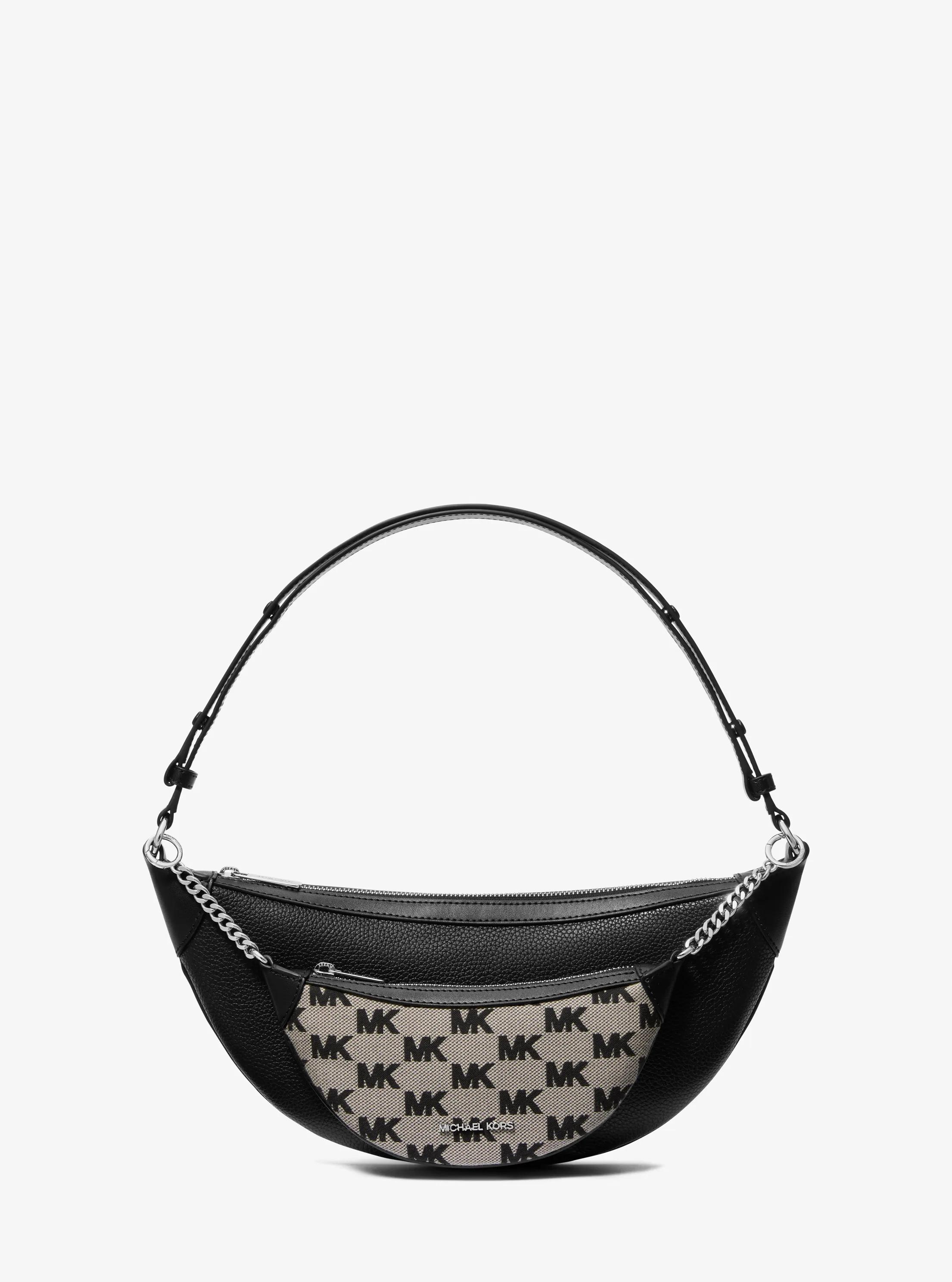 Bolso de hombro Hollis mediano 2 en 1 de piel granulada y Jacquard con logotipo in NEGRO | Michael Kors