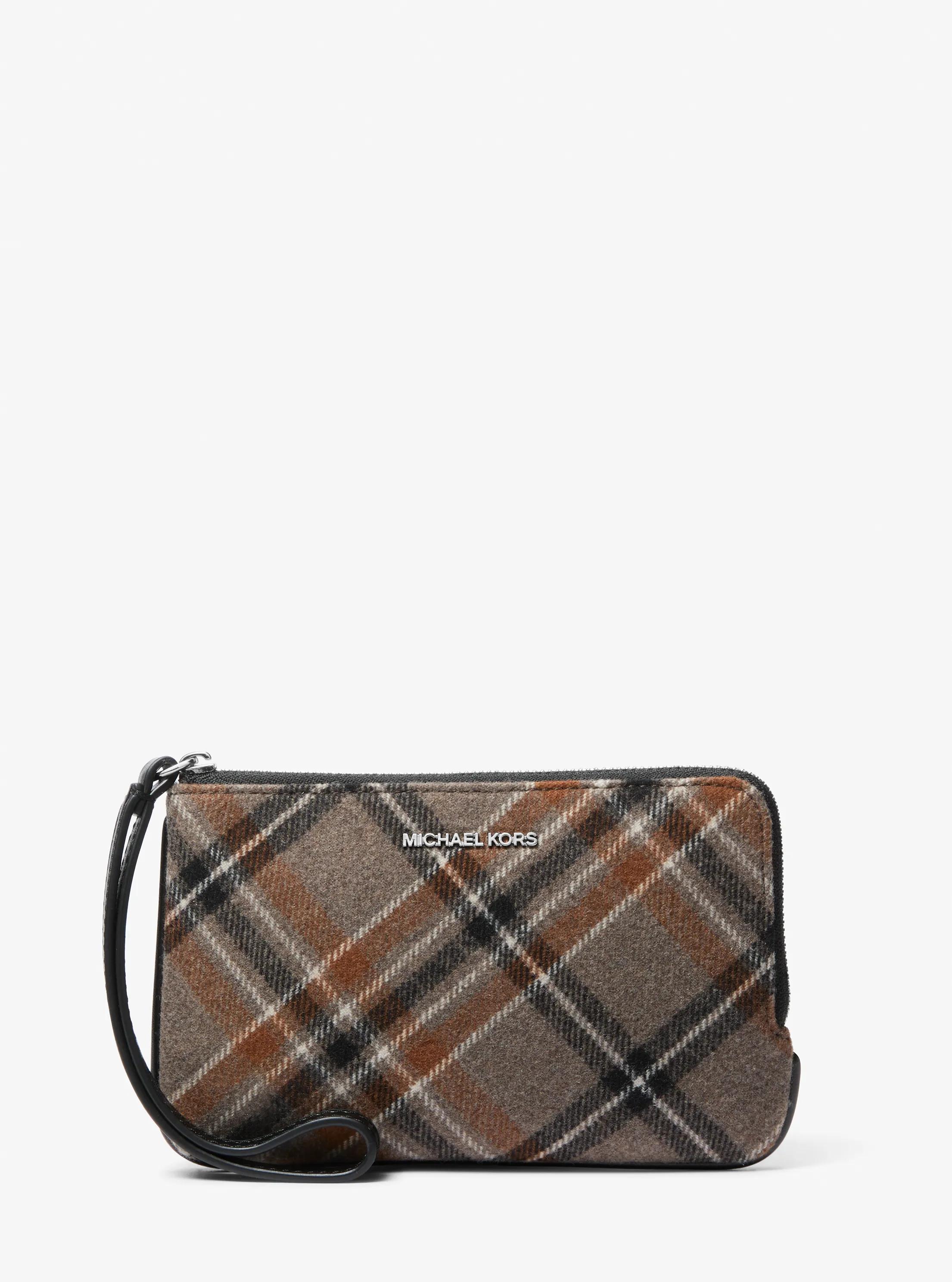 Michael Kors Outlet Jet Set Travel Plaid Print Wool Wristlet In Black