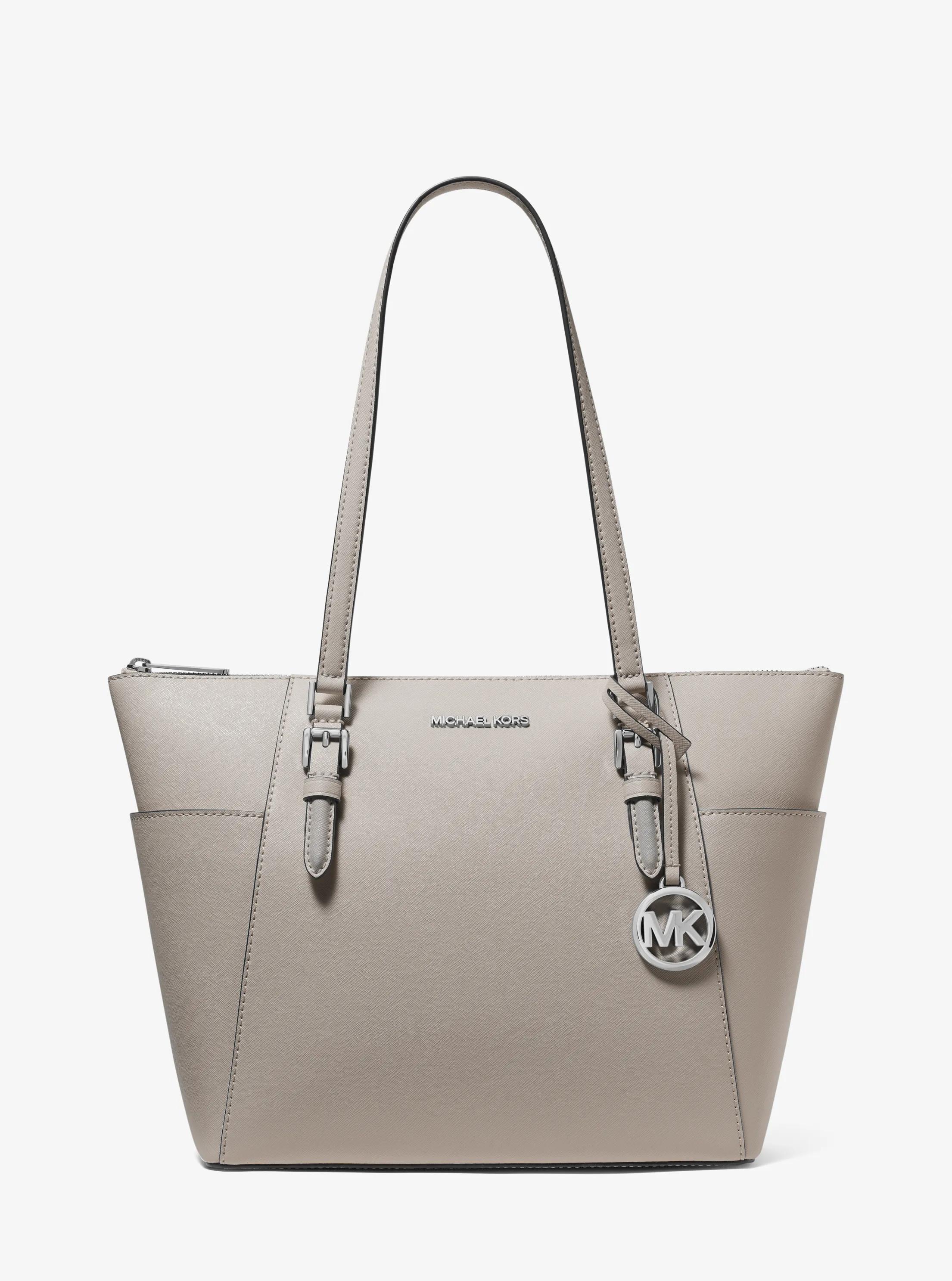 Charlotte Large Saffiano Leather Top-Zip Tote Bag in PEARL GREY