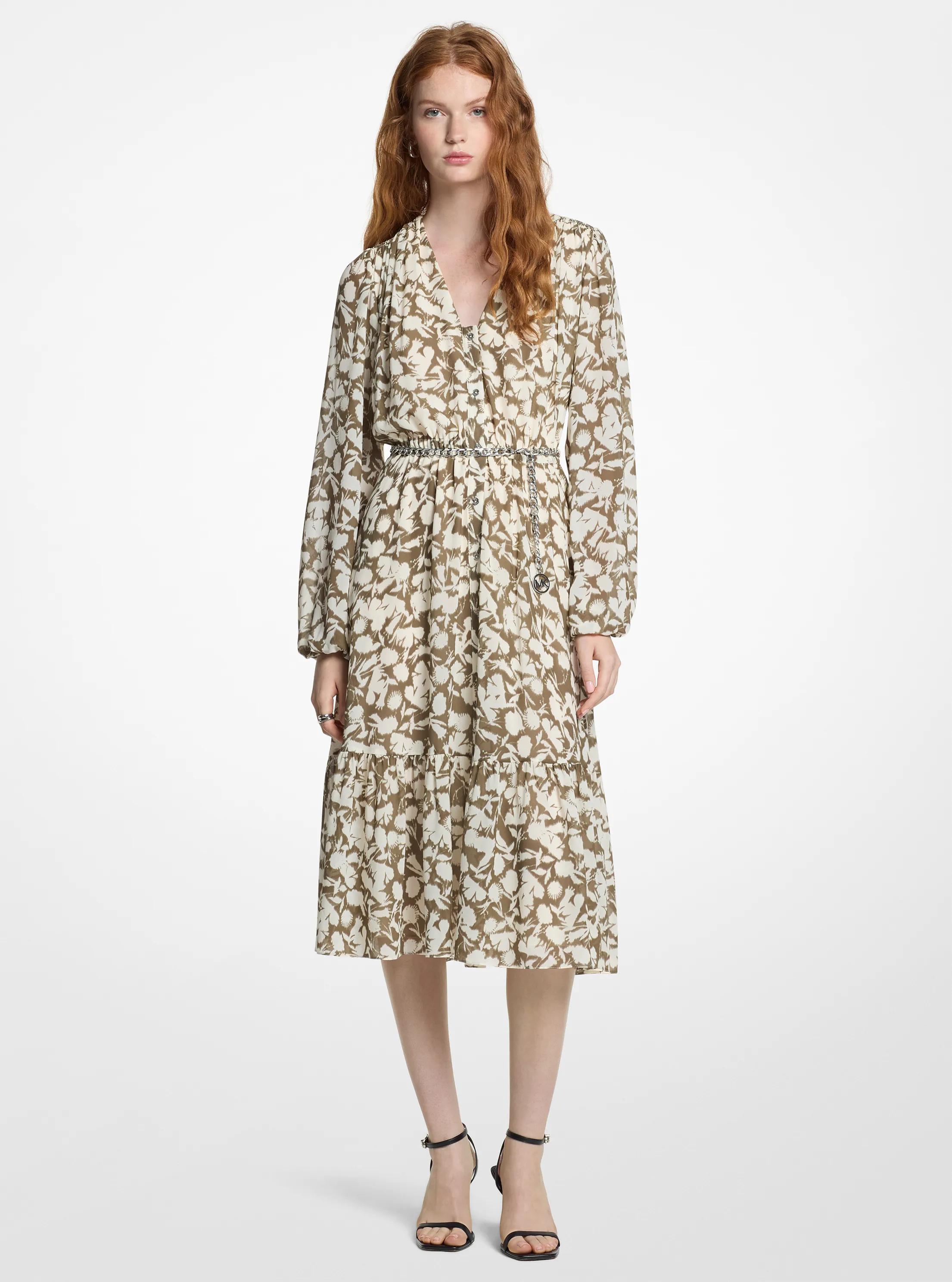 Robe mi-longue en cr&ecirc;pe georgette &agrave; imprim&eacute; floral in VERT OLIVE | Michael Kors