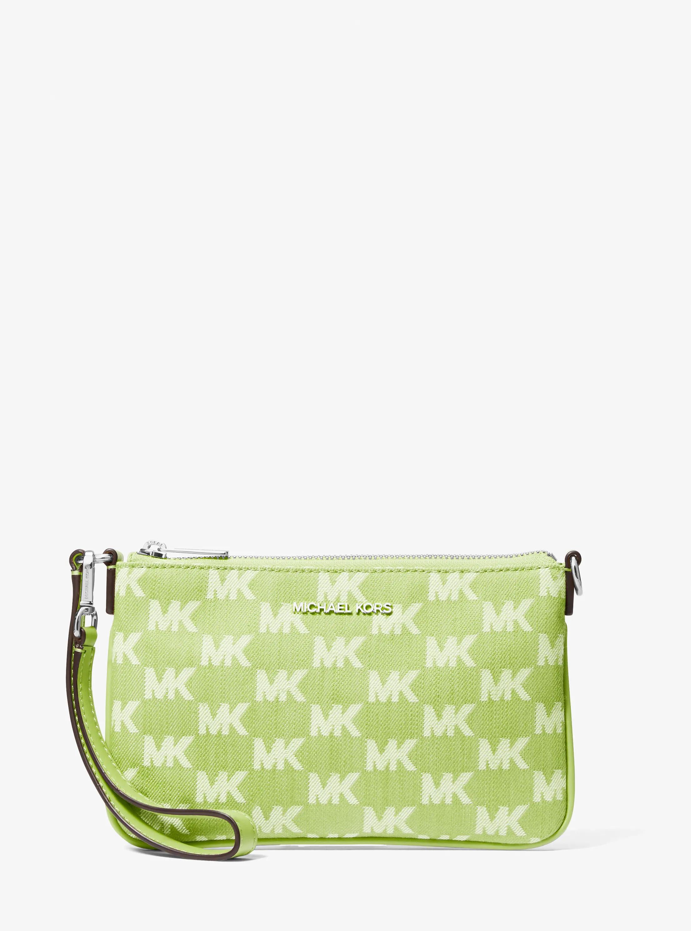 Jet Set Travel Small Logo Jacquard Denim Wristlet in LIME | Michael Kors
