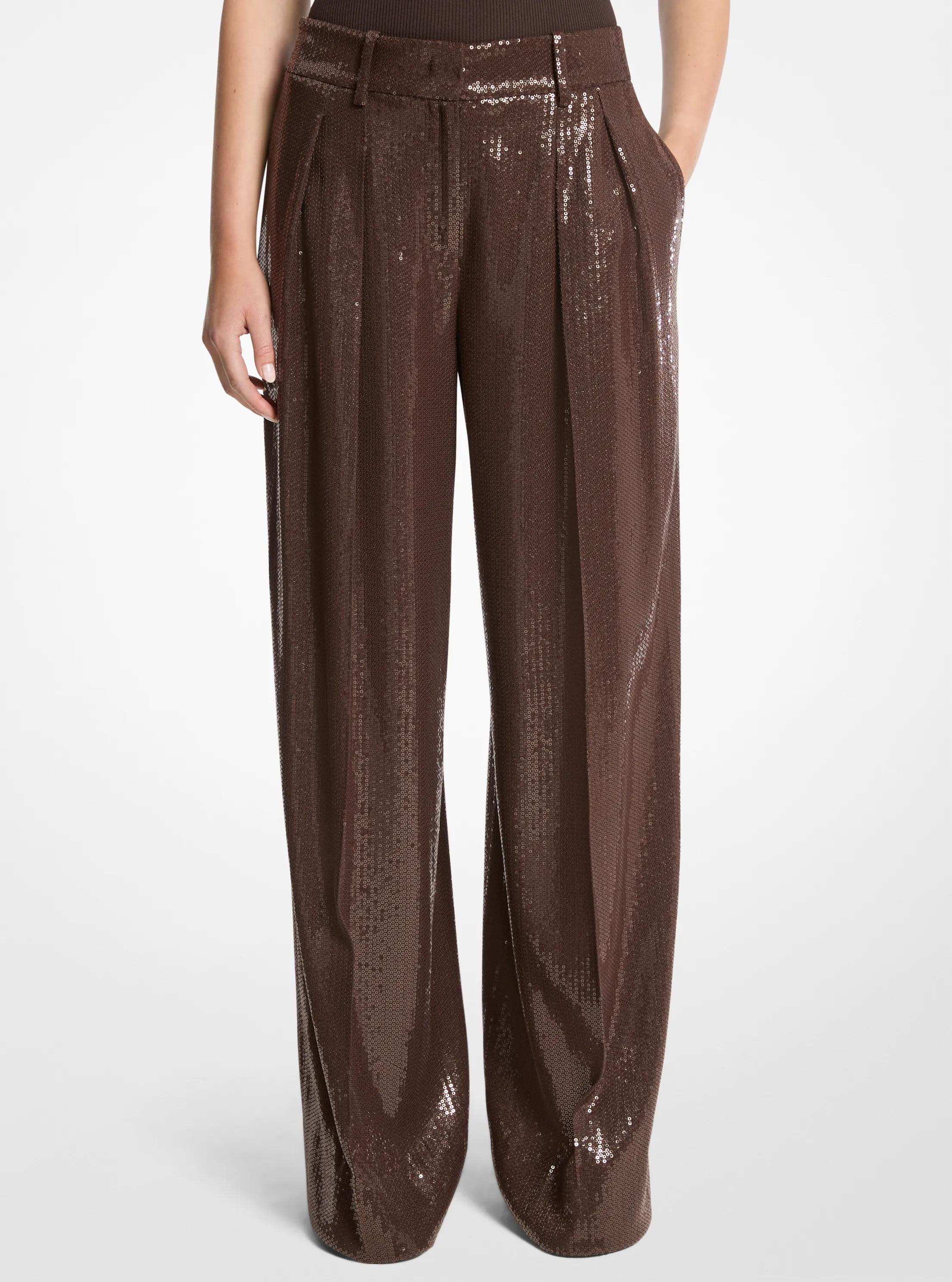 Sequined Crepe Sabl&eacute; Wide-Leg Trousers in CHOCOLATE | Michael Kors