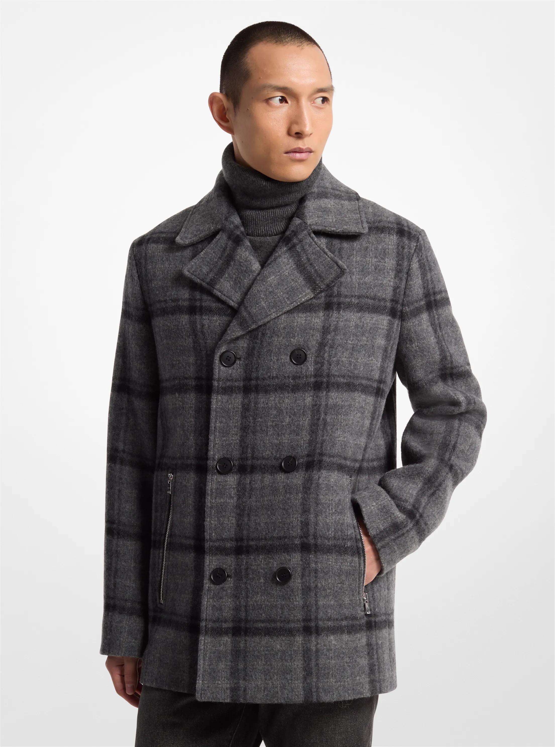 Plaid Textured Wool Blend Peacoat in BLACK | Michael Kors