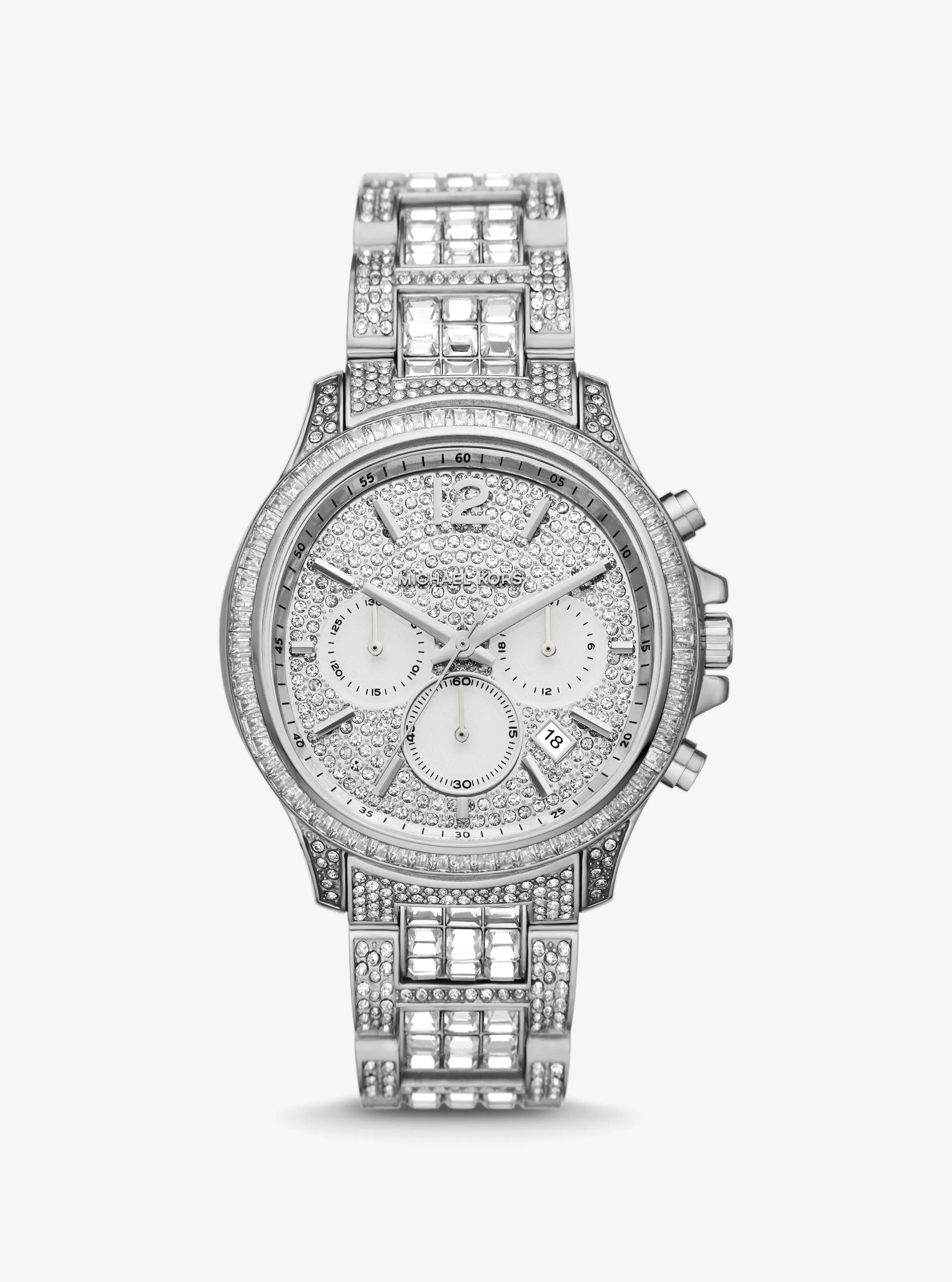 Limited-Edition Oversized Sage Pav&eacute; Silver-Tone Watch in SILVER | Michael Kors