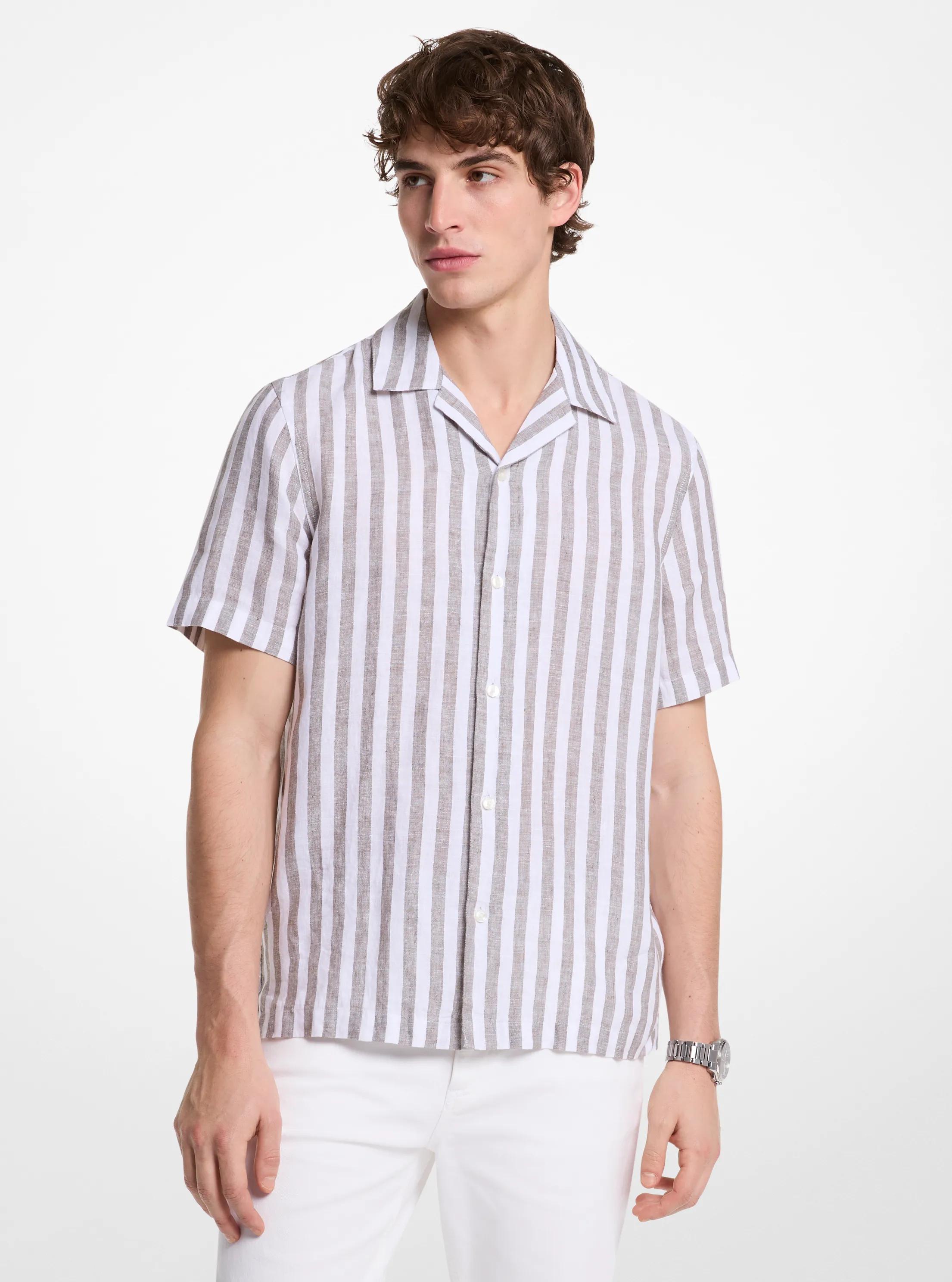 Linen and Cotton Blend Striped Shirt in SAFARI GREEN | Michael Kors