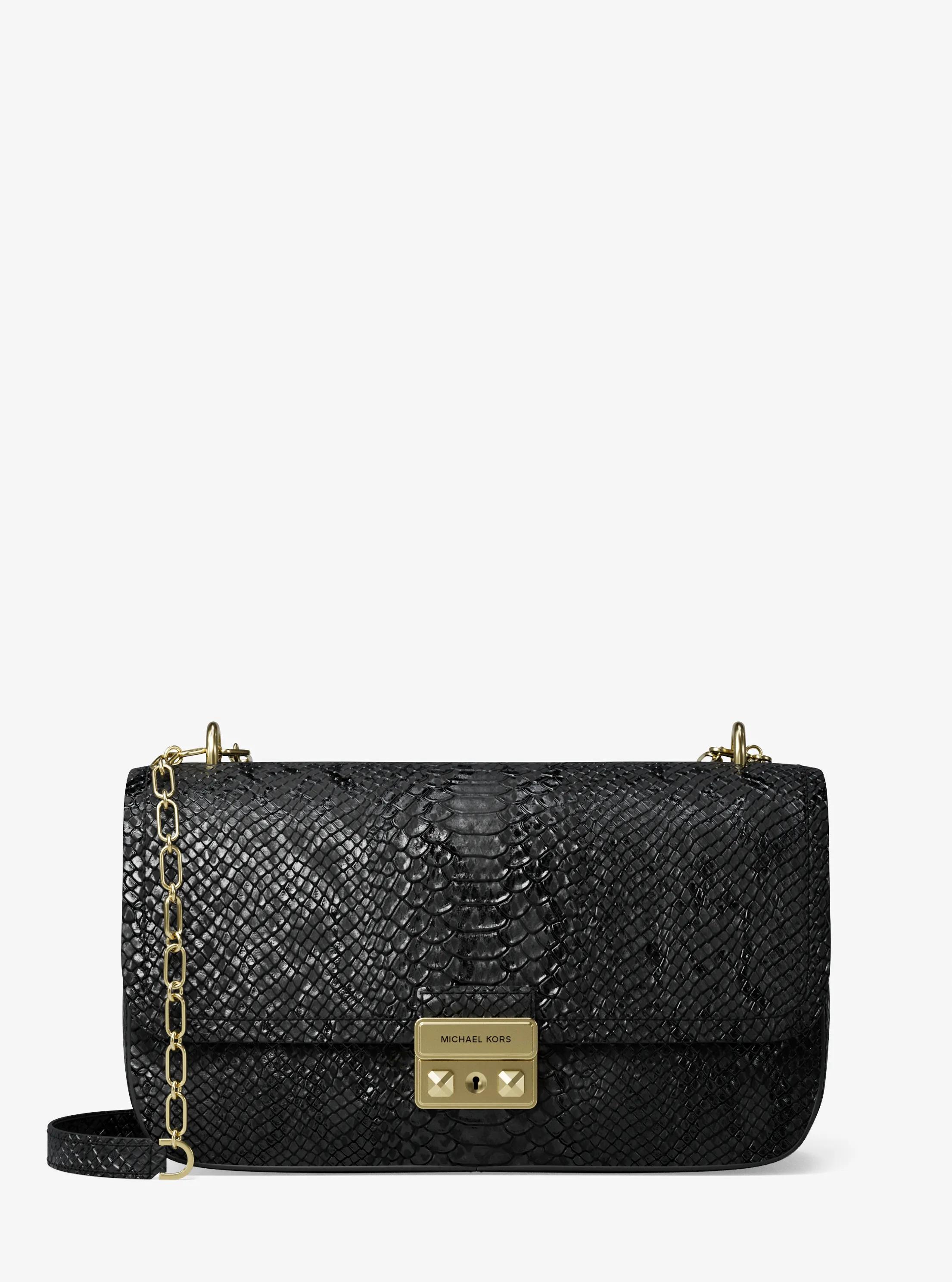 Tribeca Large Snake Embossed Leather Shoulder Bag in NEGRO | Michael Kors