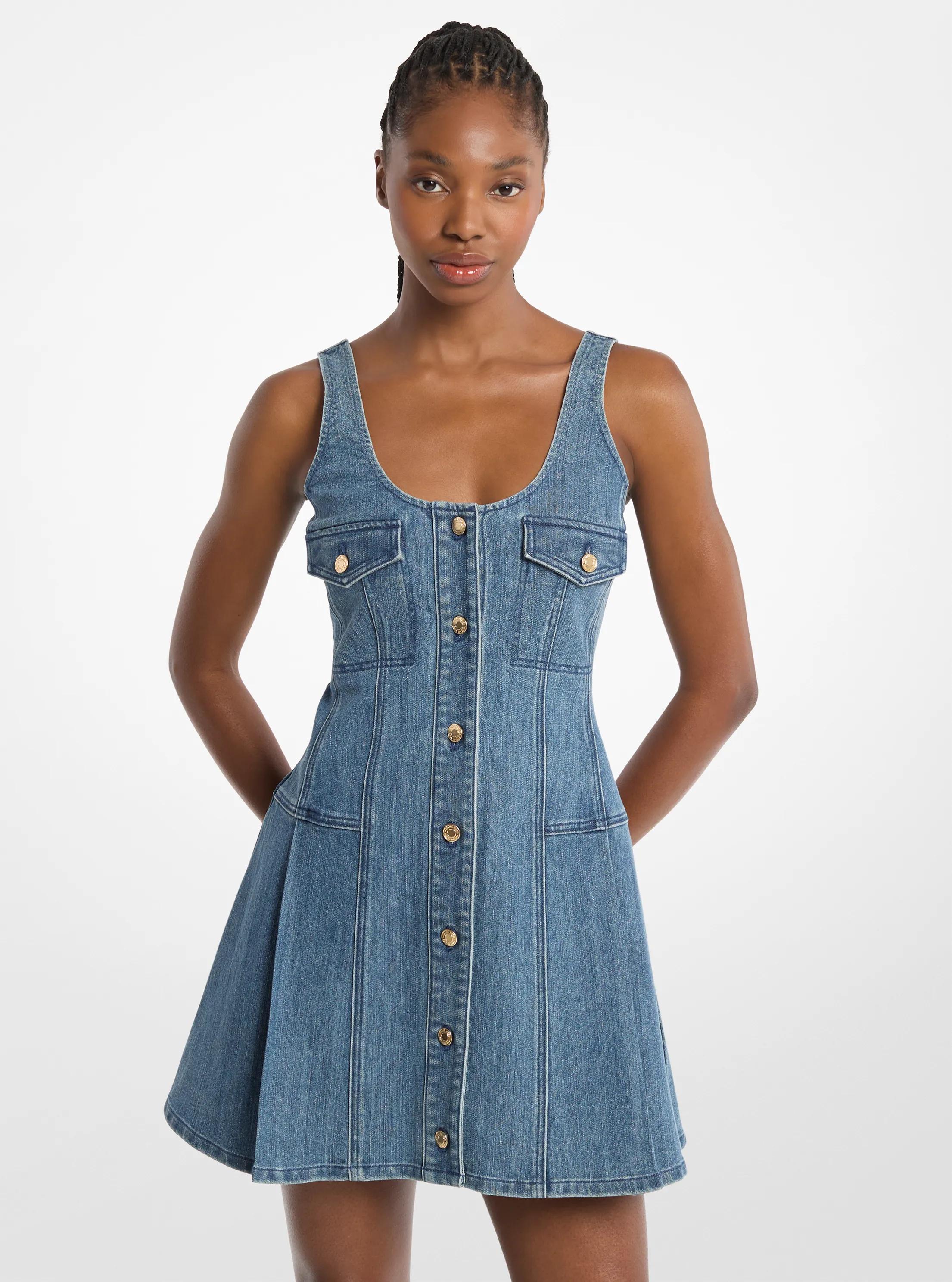 Pleated Denim Mini Dress in DUSK BLUE WASH | Michael Kors