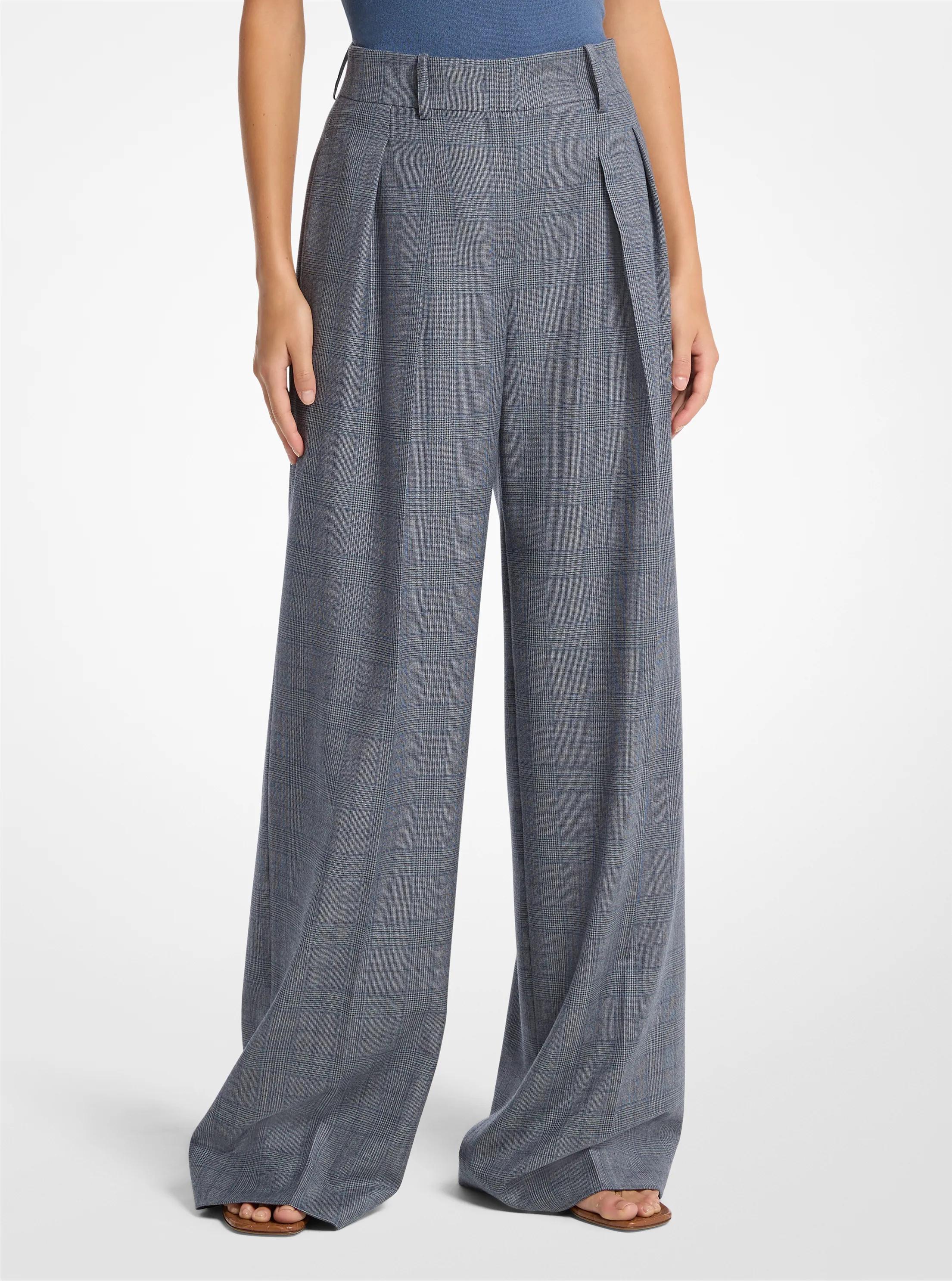 Pantal&oacute;n holgado de lana a cuadros Glen con pliegues in ACERO/AZUL LAGO | Michael Kors