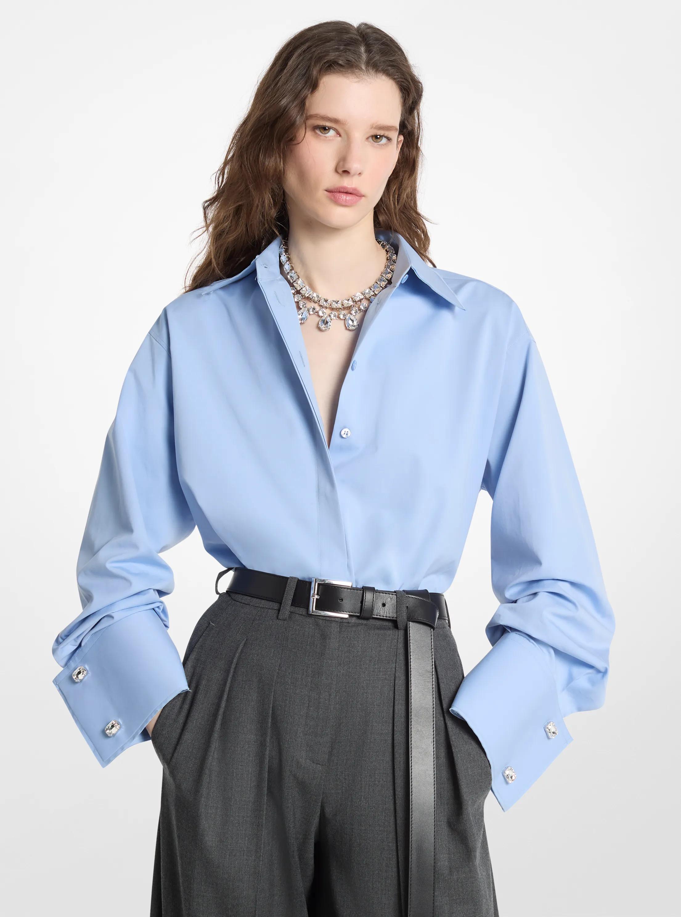 Camisa de popelina de algod&oacute;n con pu&ntilde;os franceses y ribete deshilachado in DELFT | Michael Kors