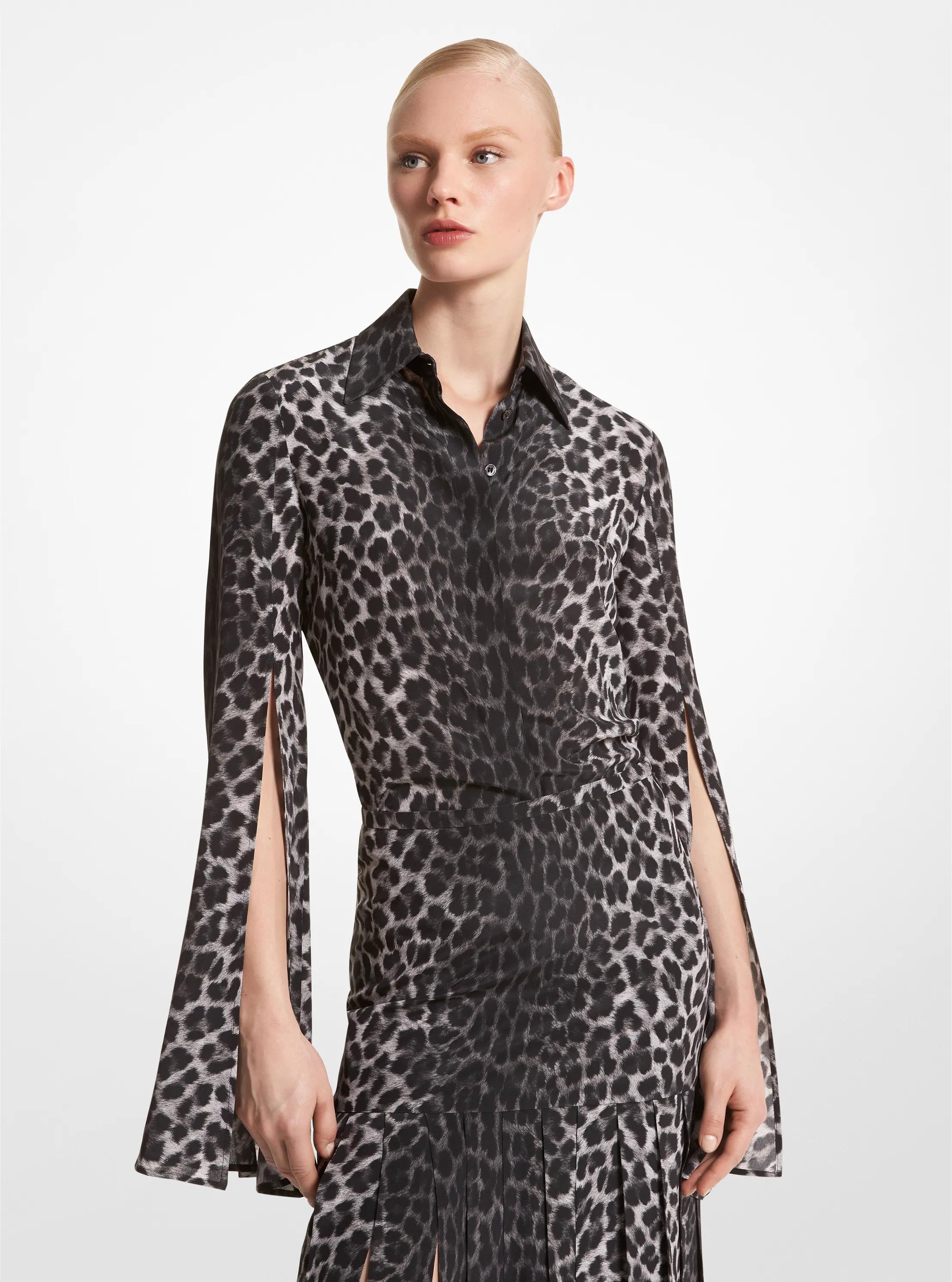 Leopard Silk Crepe De Chine Slit-Sleeve Shirt in GRAPHITE MUL | Michael Kors