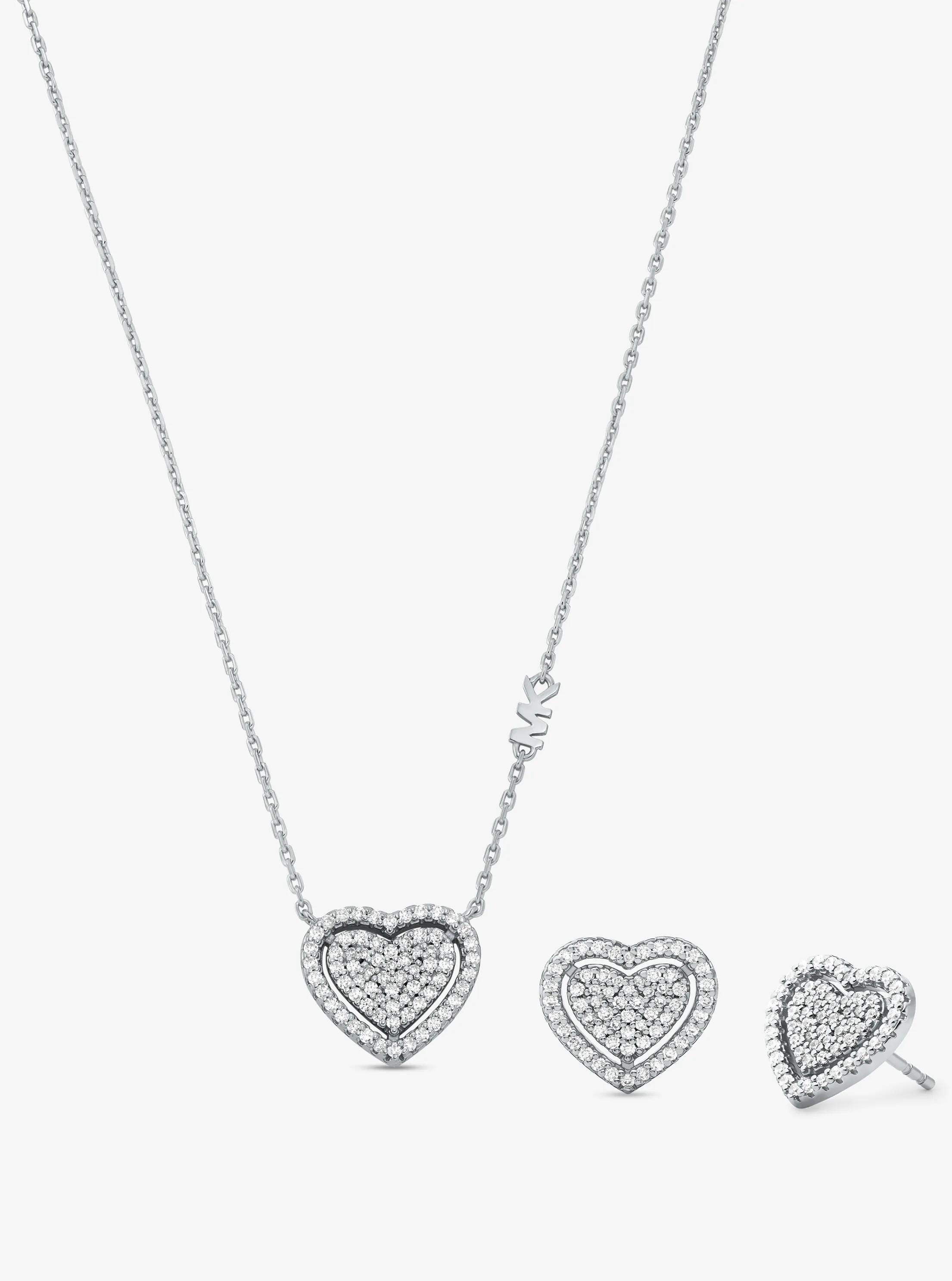 Precious Metal-Plated Sterling Silver Pav&eacute; Heart Necklace and Earrings Gift Set in SILVER | Michael Kors