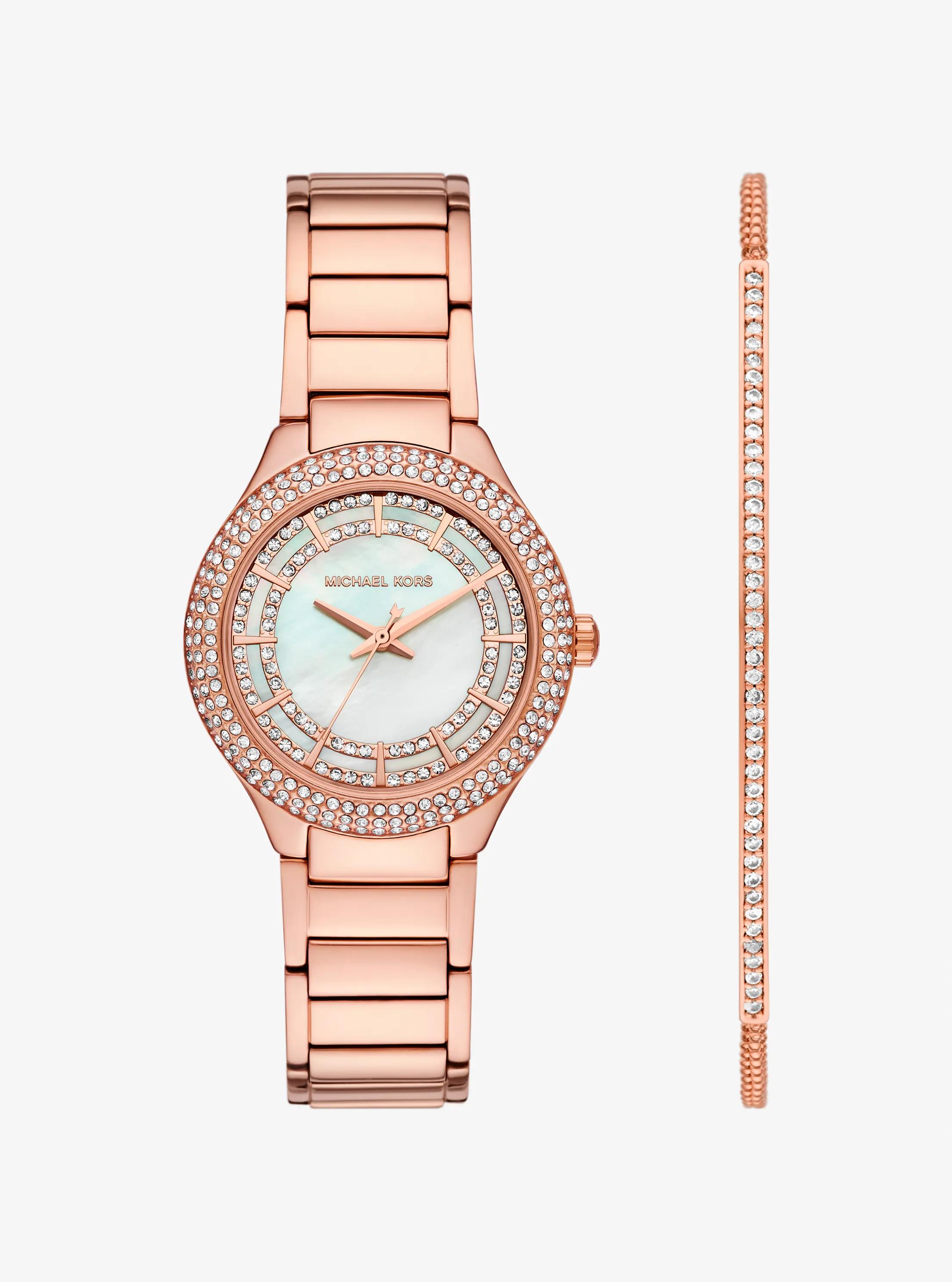 Michael Kors Outlet Mini Sylvia Pavé Rose Gold-tone Watch And Bracelet Gift Set