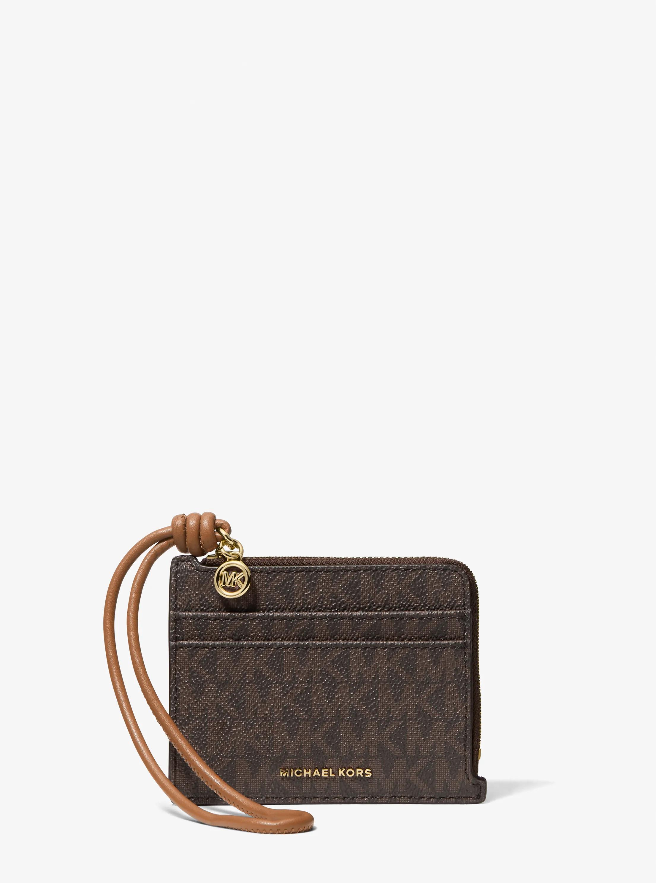 Michael Kors Jet Set Small Signature Logo Card Case Wristlet In Brown