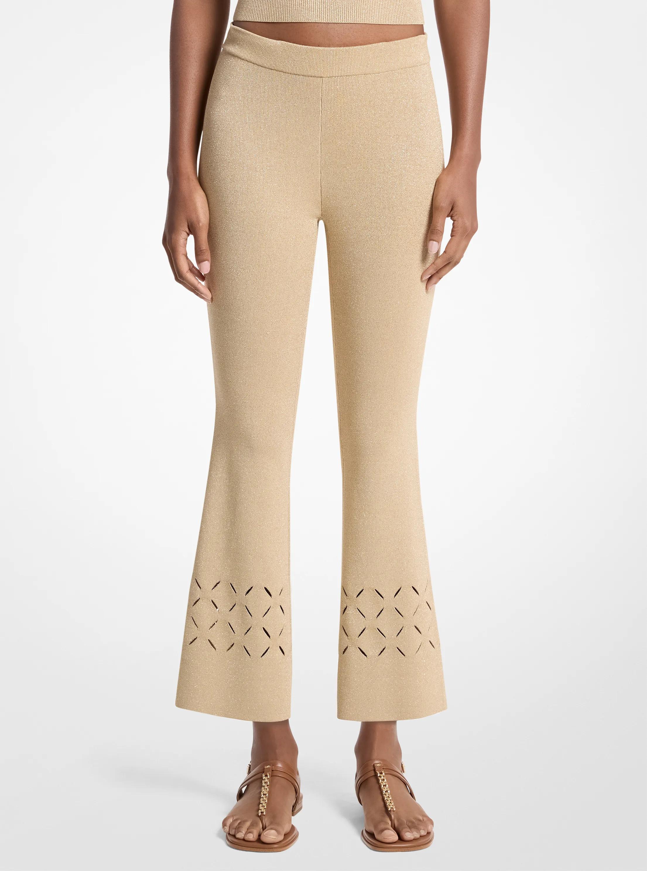 Michael Kors Outlet Laser Cut Metallic Stretch Knit Cropped Pants In Gold