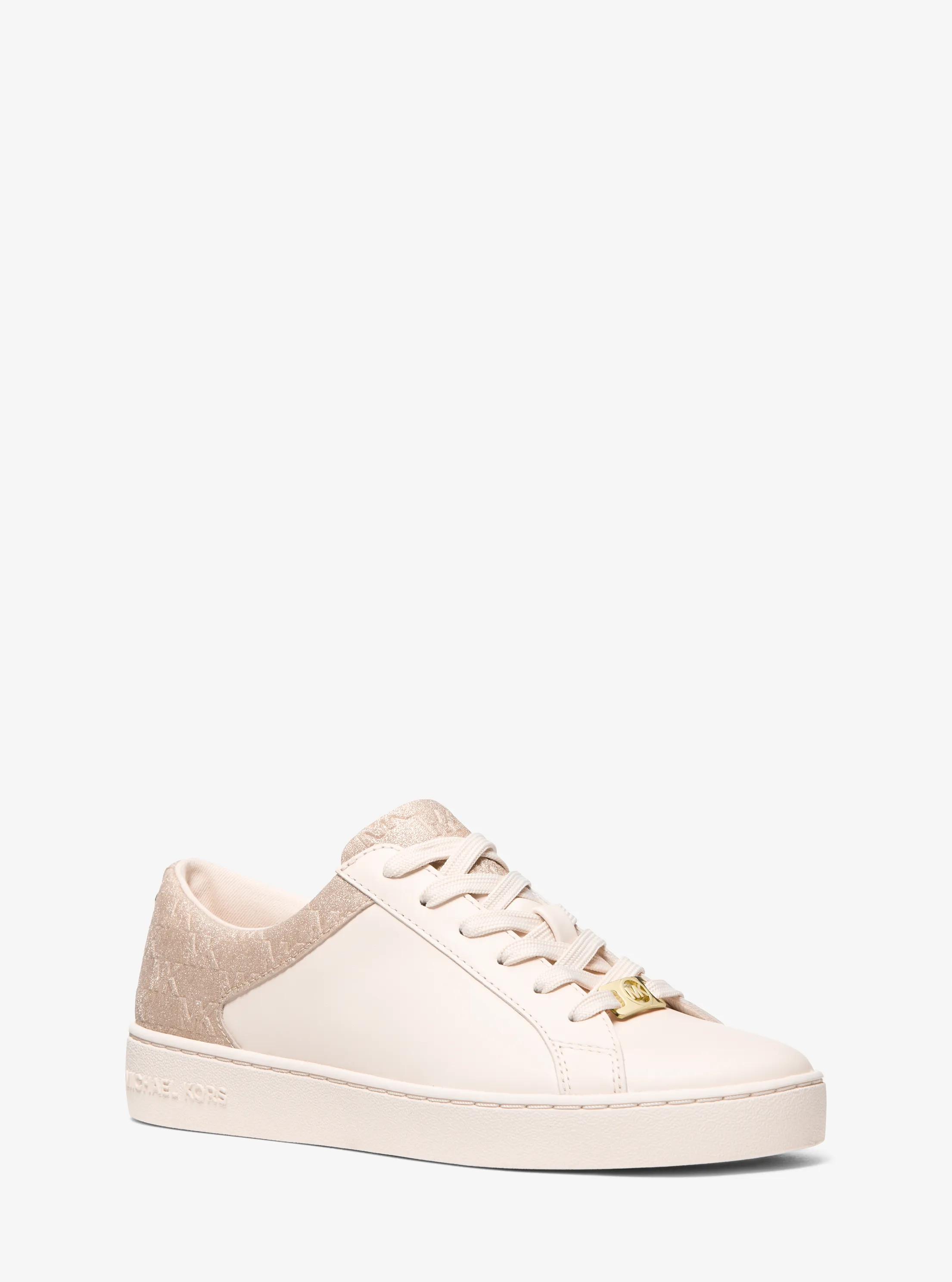 Keaton Leather and Glitter Logo Embossed Sneaker in BALLET | Michael Kors