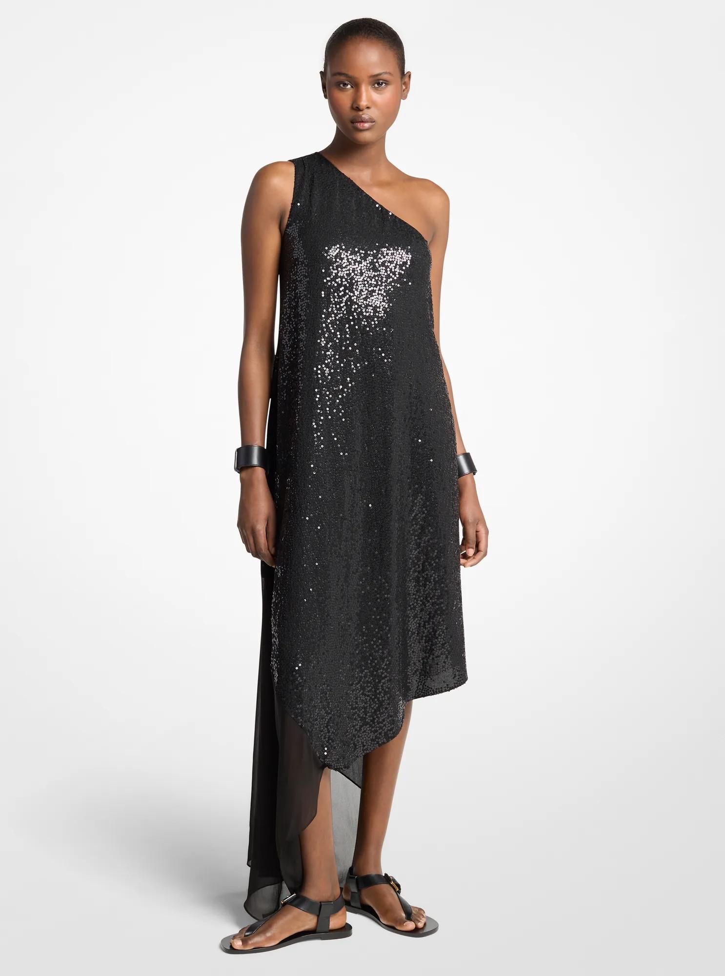 Vestido asim&eacute;trico de georgette de seda con lentejuelas bordadas a mano in NEGRO | Michael Kors