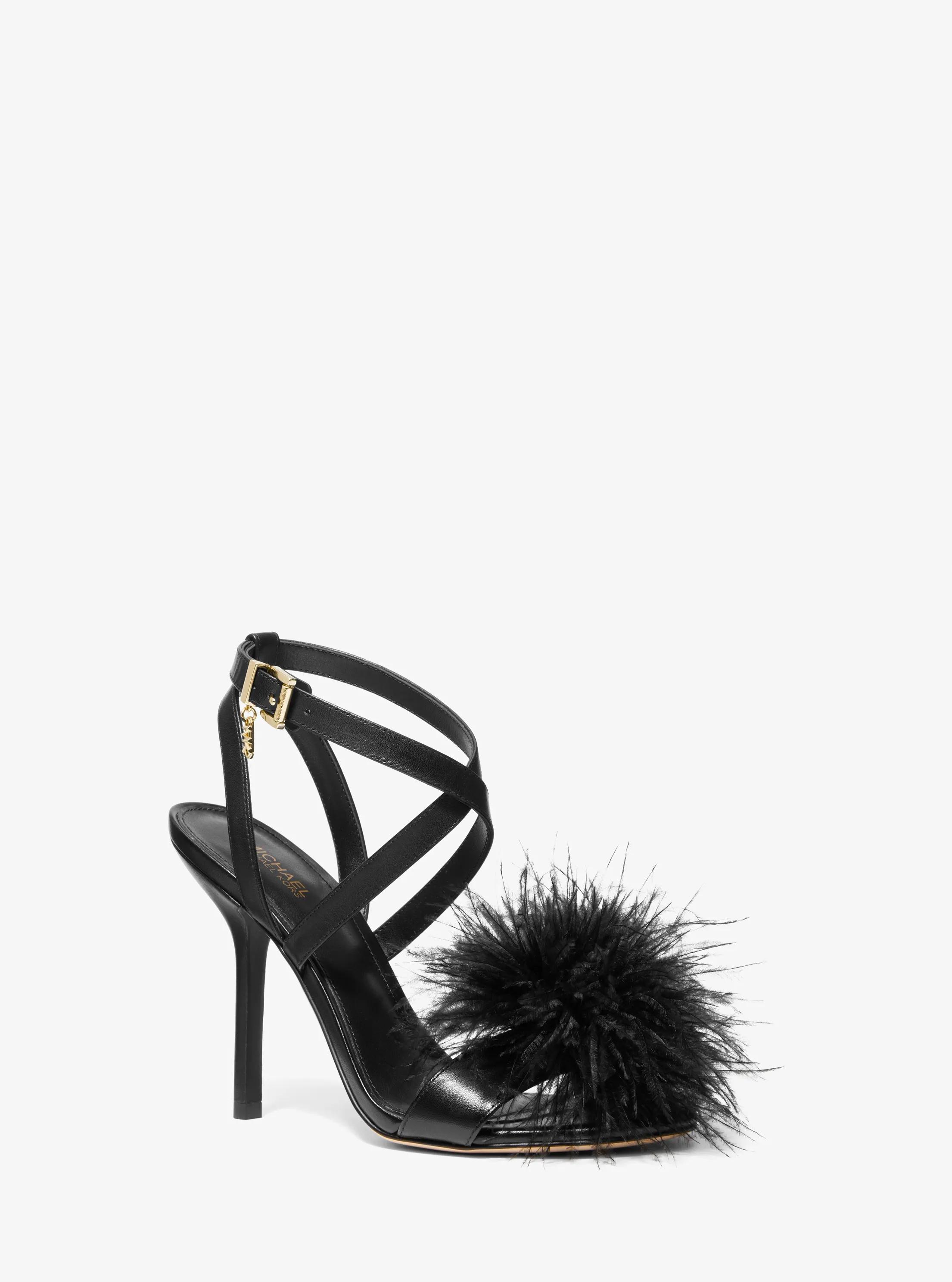 Whitby Feather Trim Leather Sandal in BLACK | Michael Kors