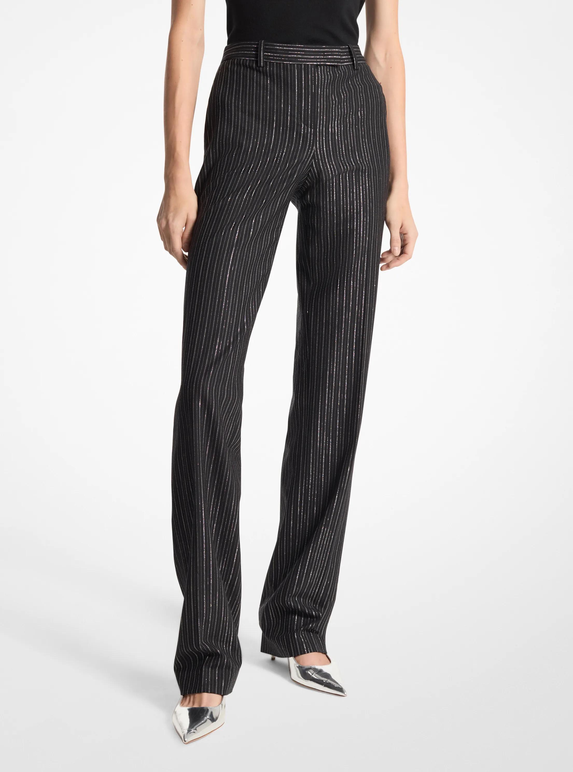 Carolyn Metallic Pinstripe Stretch Wool Trousers in BLACK/SILVER | Michael Kors