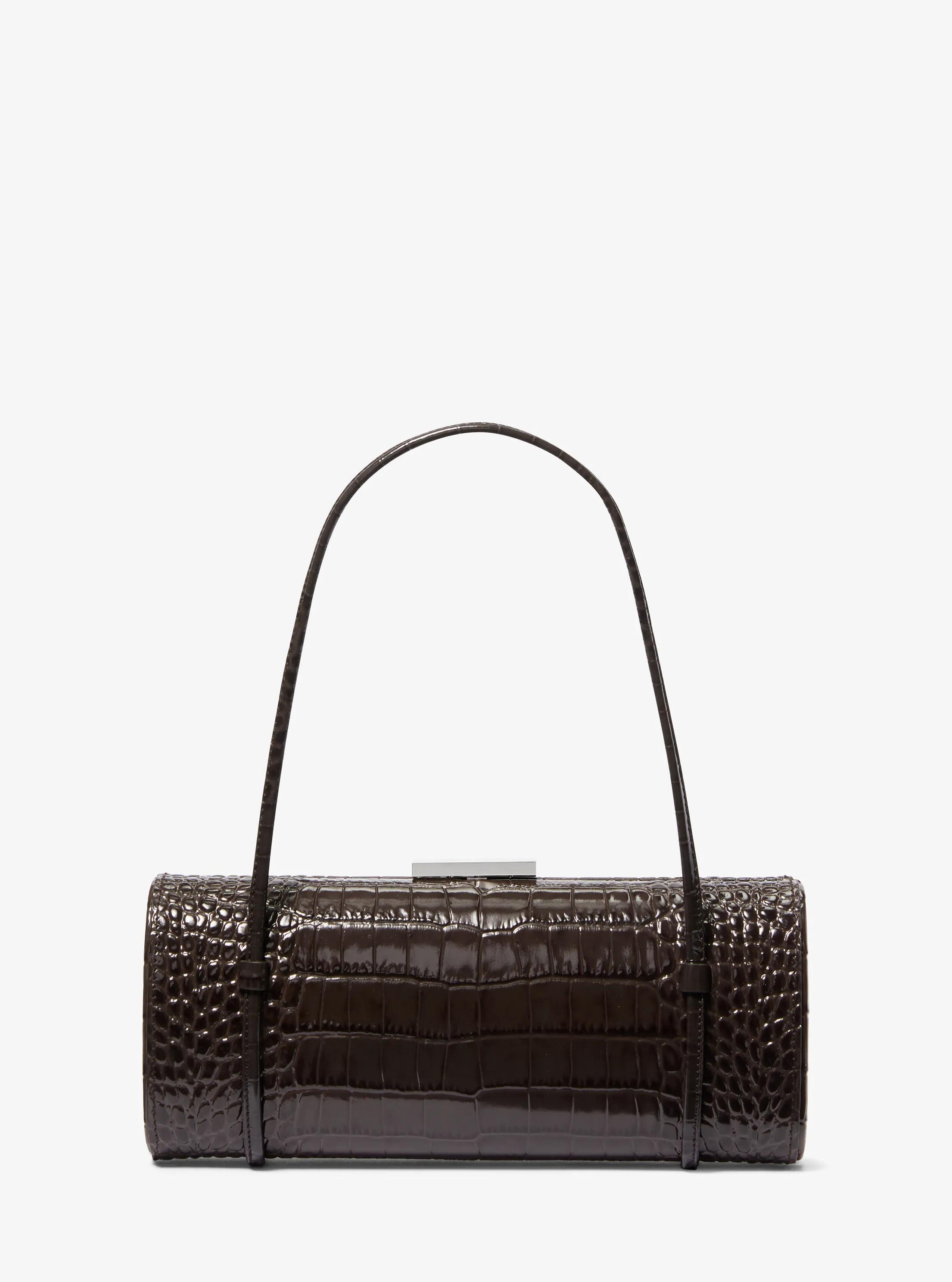 Natalie Crocodile Embossed Patent Leather Barrel Bag in CHOCOLATE | Michael Kors
