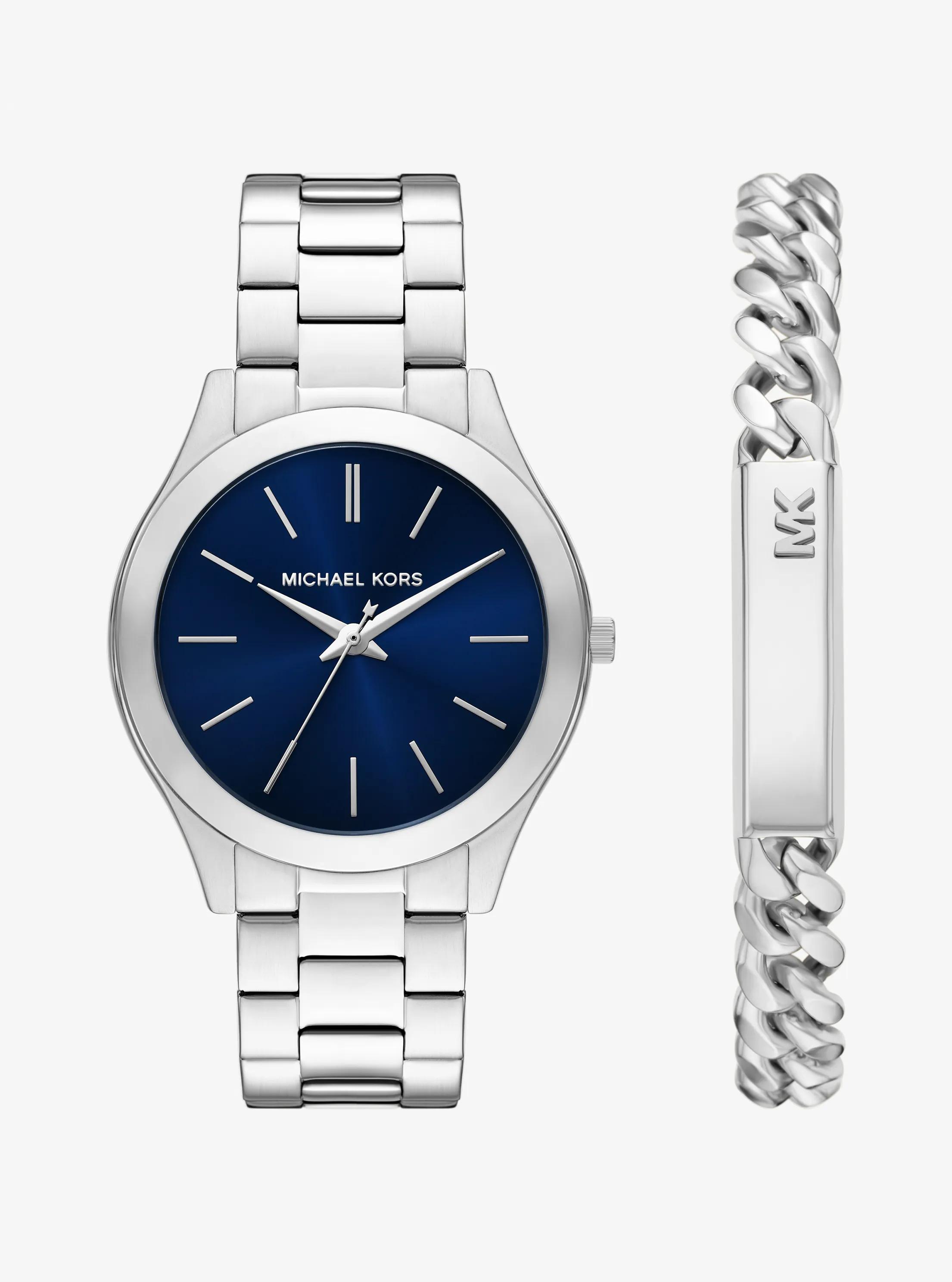 Oversized Aspyn Silver-Tone Watch and Bracelet Jewelry Gift Set in SILVER | Michael Kors