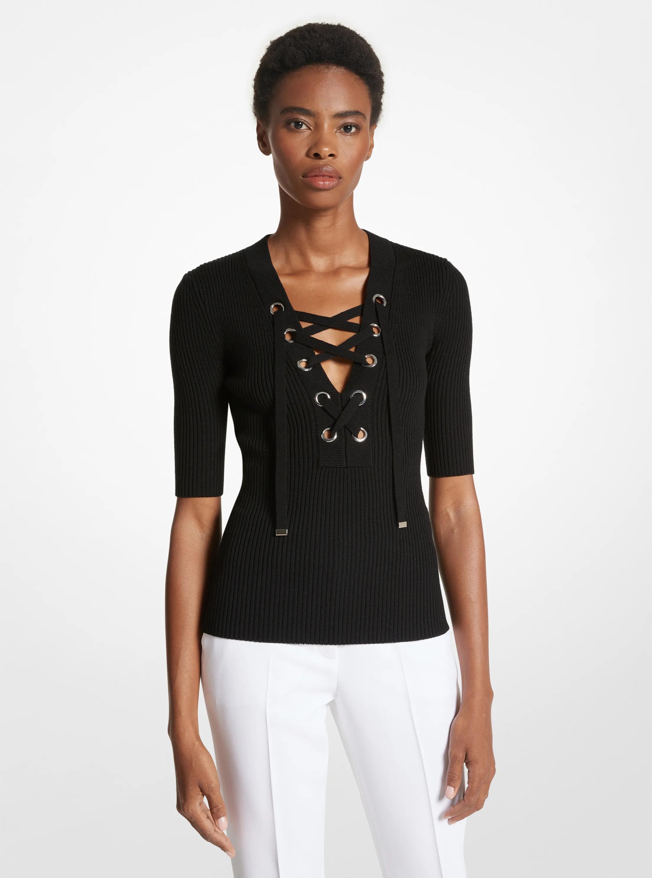 Ribbed Merino Wool Blend Lace-Up Top in NEGRO | Michael Kors