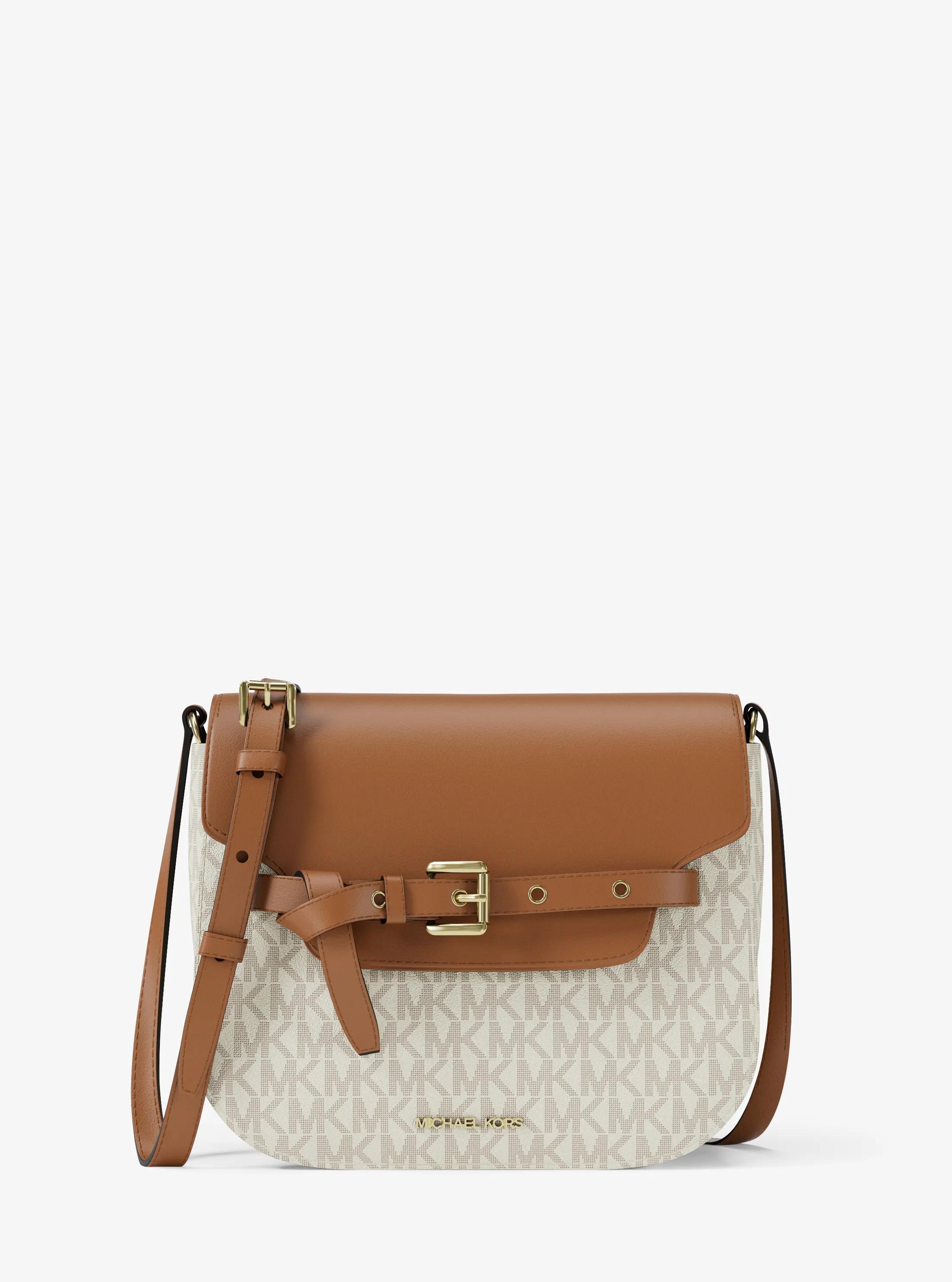 Emilia Small Signature Logo Saddle Crossbody Bag in VANILLA/ACORN | Michael Kors